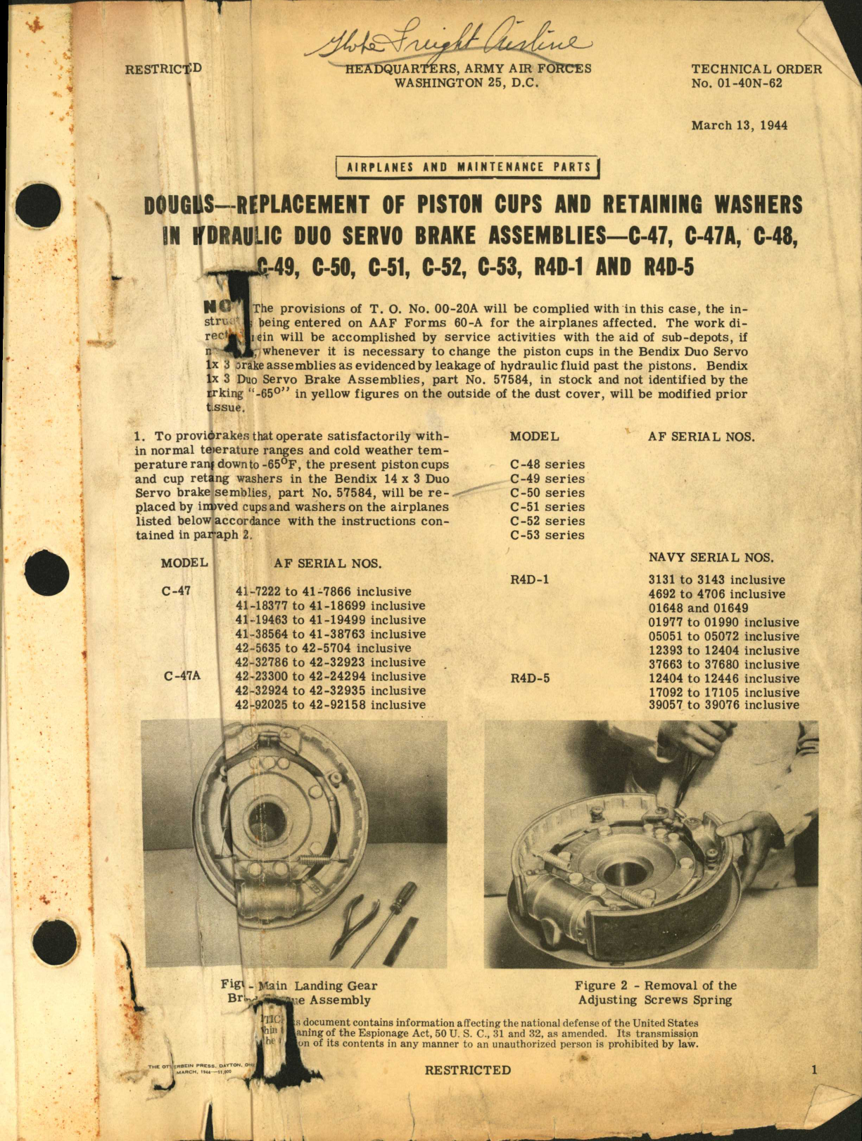Sample page 1 from AirCorps Library document: Replacement of Piston Cups & Retaining Washers in Hydraulic Duo Servo Brake Assemblies