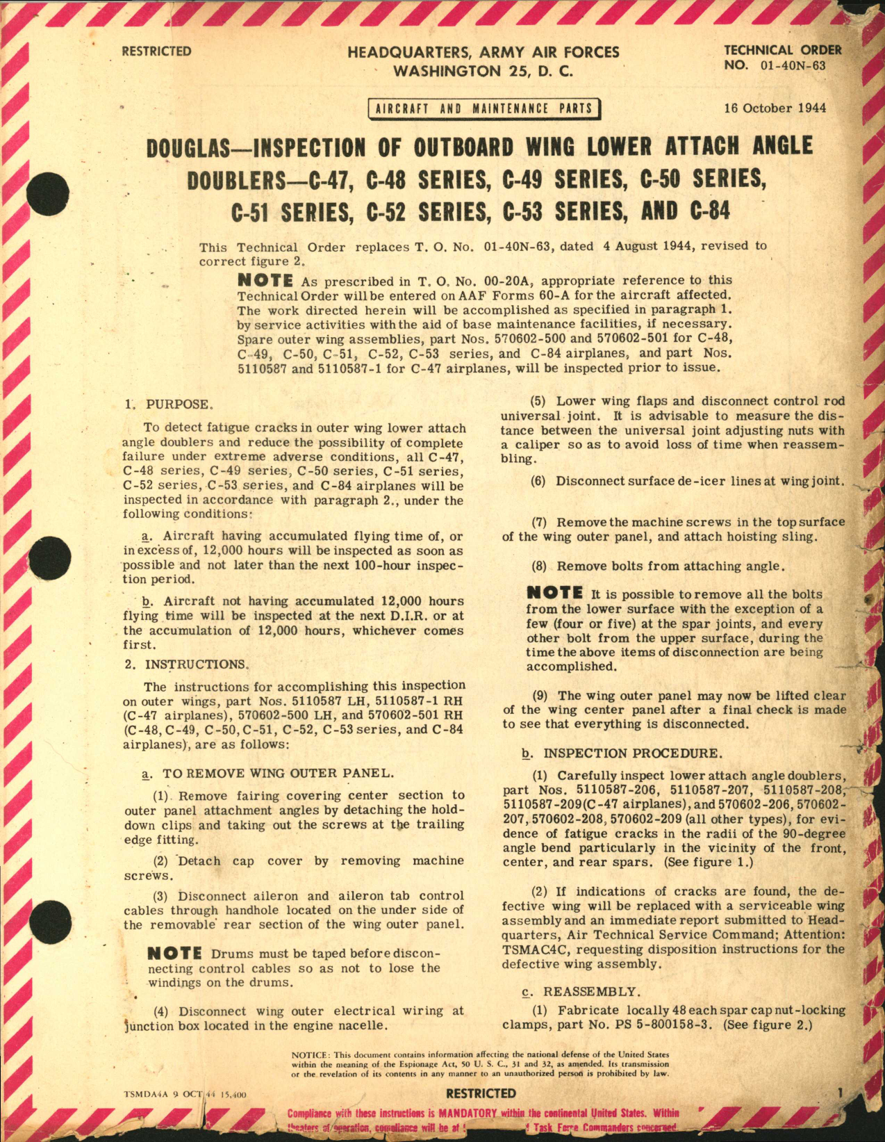 Sample page 1 from AirCorps Library document: Inspection of Outboard Wing Lower Attach Angle Doublers