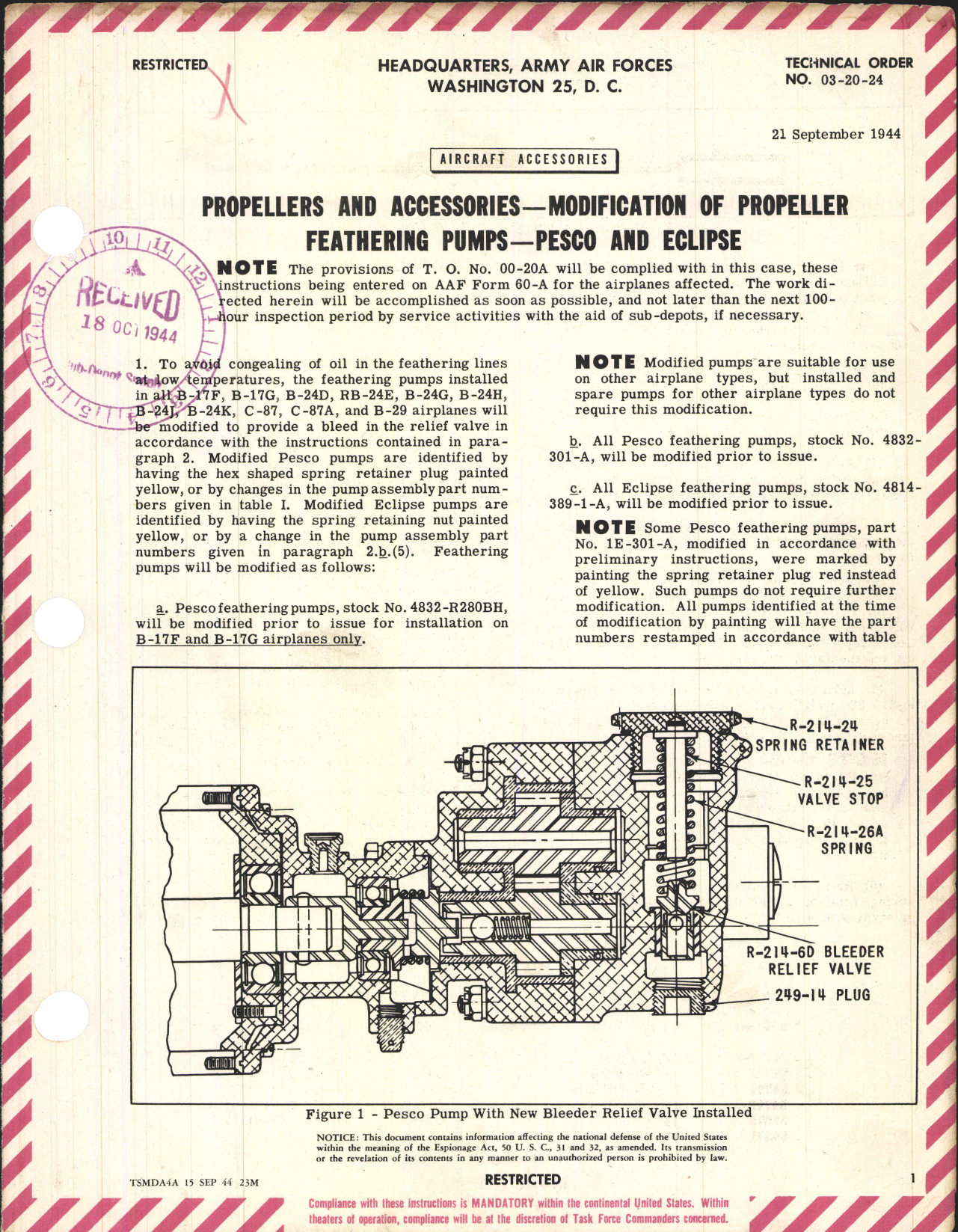 Sample page 1 from AirCorps Library document: Propellers and Accessories; Modification of Propeller Feathering Pumps