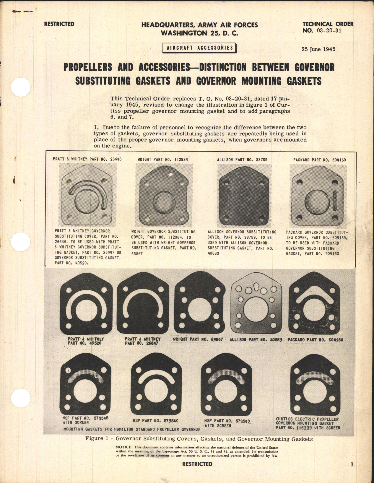 Sample page 1 from AirCorps Library document: Propeller and Accessories; Distinction Between Governor Substituting Gaskets and Governor Mounting Gaskets