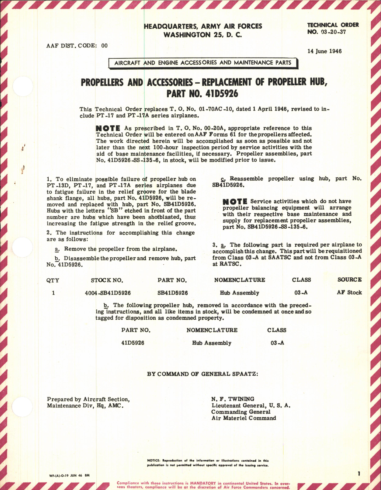 Sample page 1 from AirCorps Library document: Propellers and Accessories; Replacement of Propeller Hub, Part No. 41D5926