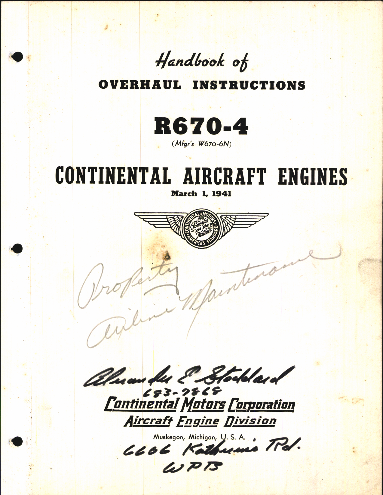 Sample page 1 from AirCorps Library document: Handbook of Overhaul Instructions for R670-4 Continental Aircraft Engines