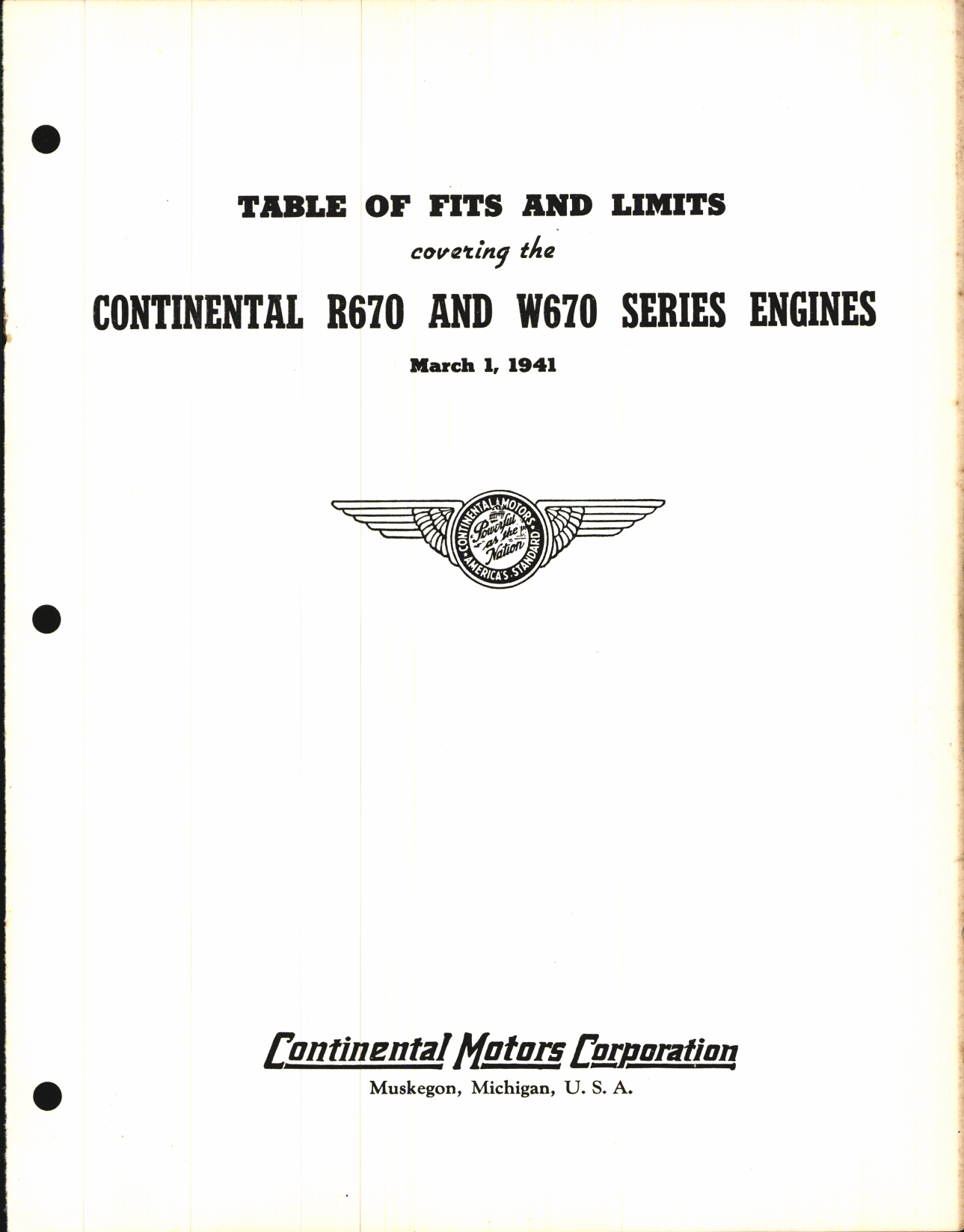 Sample page 1 from AirCorps Library document: Table of Fits and Limits for Continental R670 and W670 Series Engines