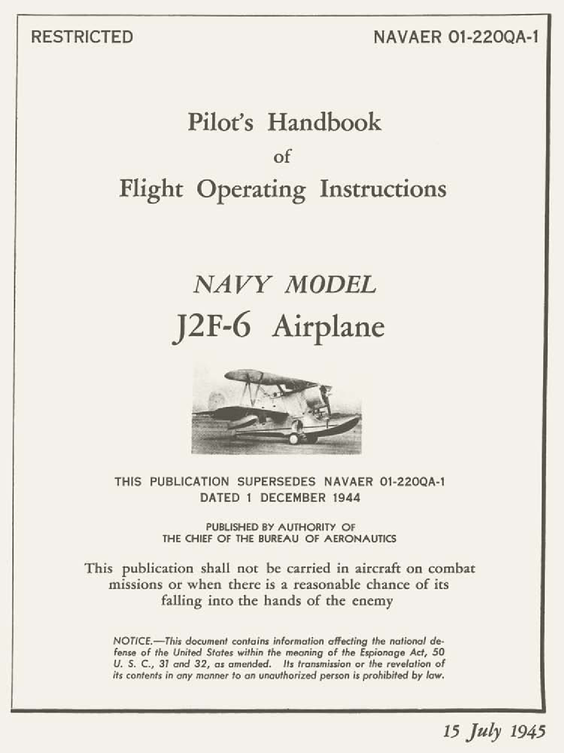 Sample page 1 from AirCorps Library document: Pilot's Flight Operating Instructions - J2F-6 Duck