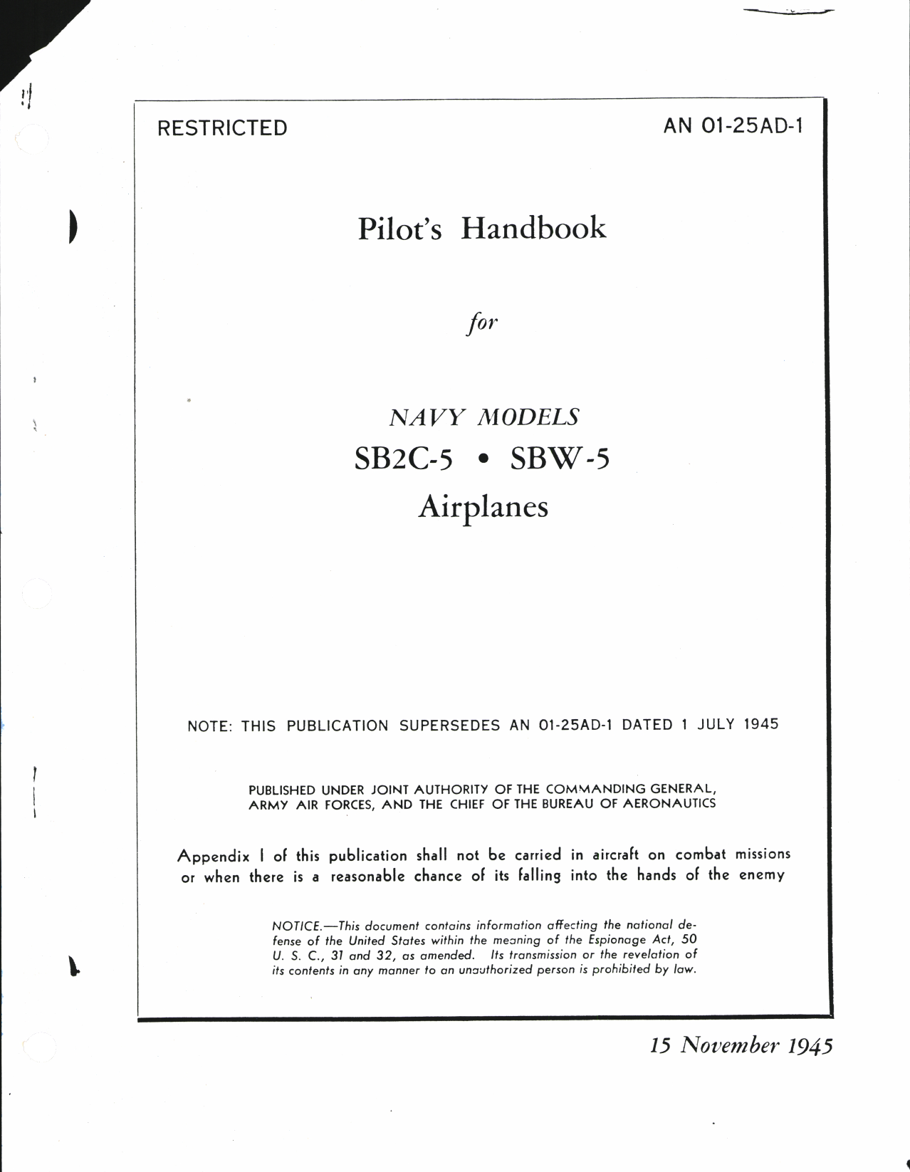 Sample page 1 from AirCorps Library document: Pilot's Handbook for Navy Models SB2-C and SBW-5 Airplanes