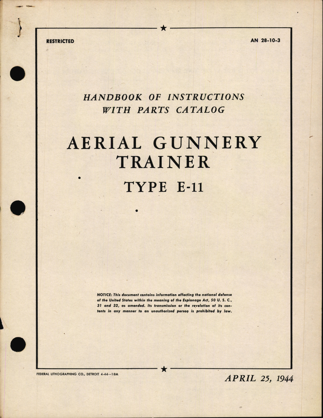 Sample page 1 from AirCorps Library document: Handbook of Instructions with Parts Catalog for Aerial Gunnery trainer Type E-11