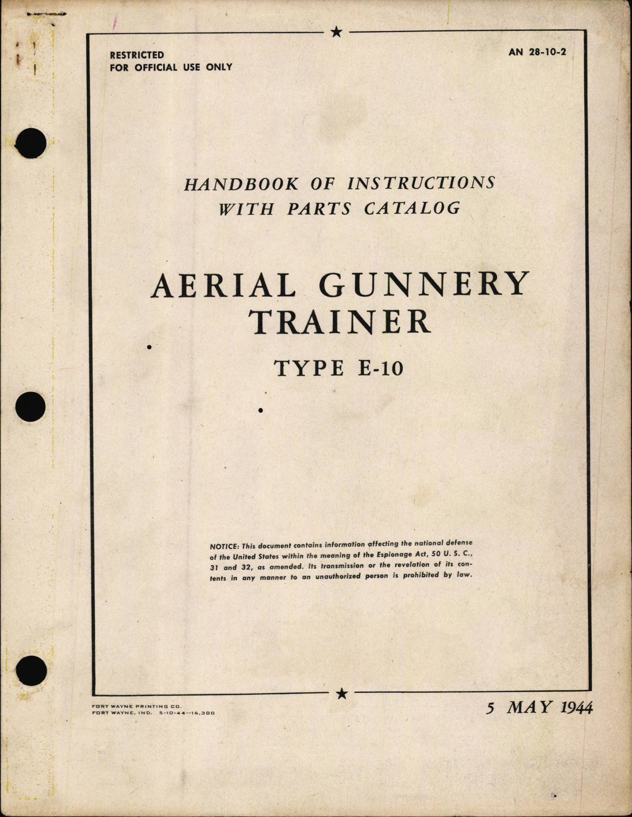 Sample page 1 from AirCorps Library document: Handbook of Instructions with Parts Catalog for Aerial Gunnery trainer Type E-10