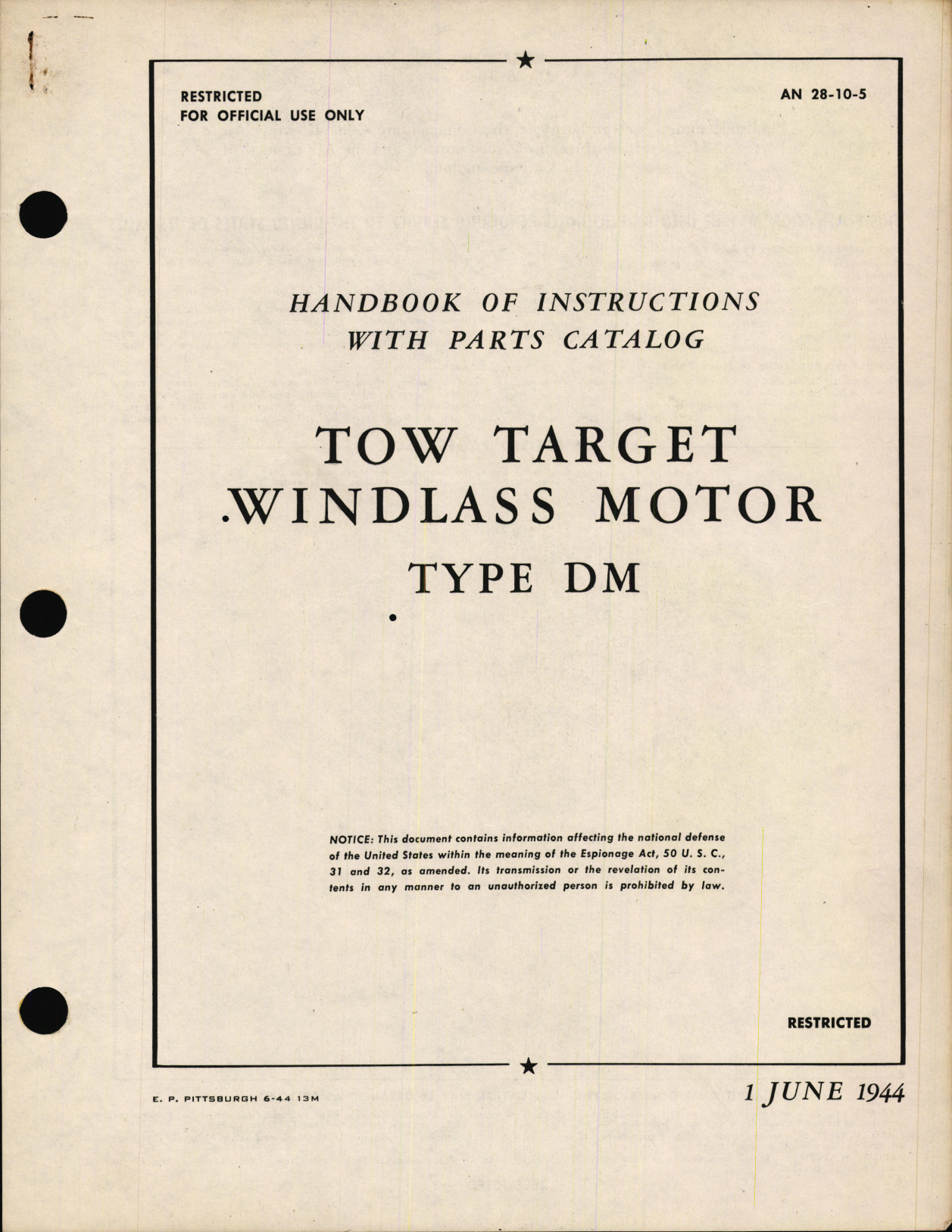 Sample page 1 from AirCorps Library document: Handbook of Instructions with Parts Catalog for Tow Target Windlass Motor Type DM