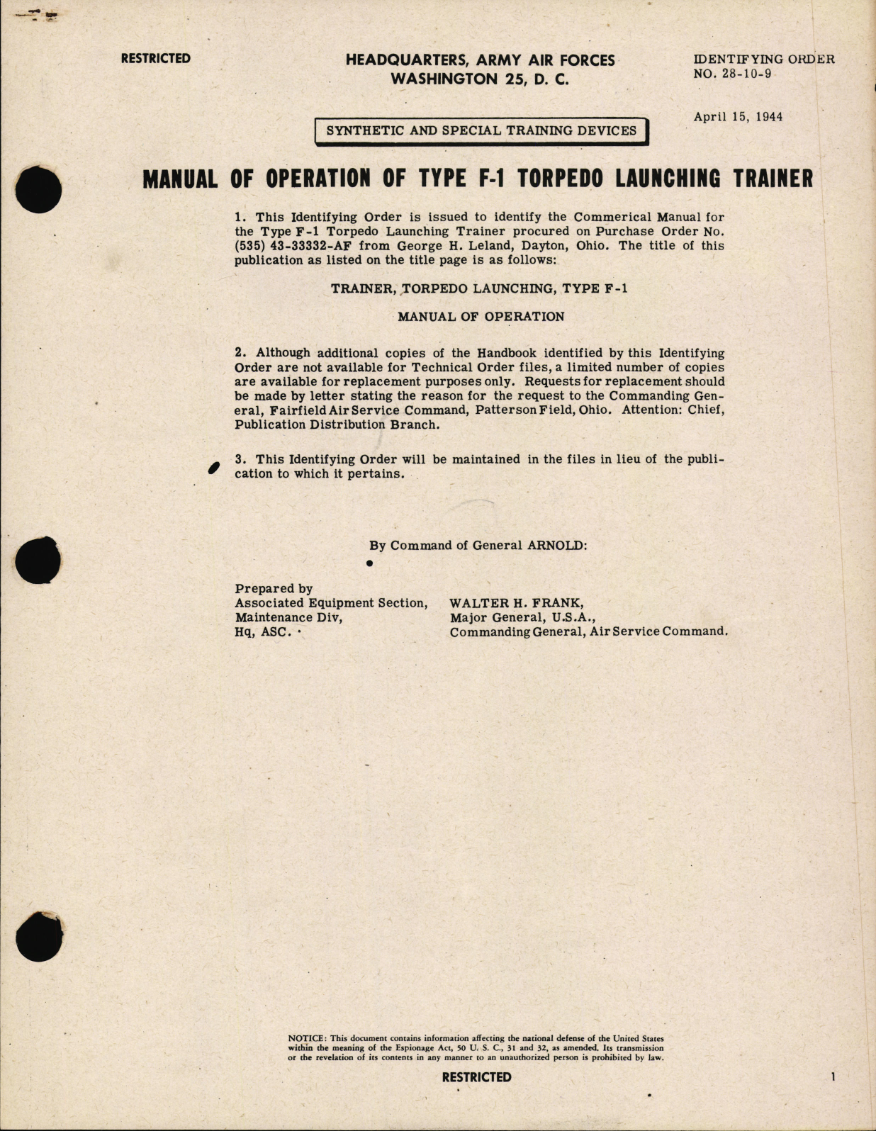 Sample page 1 from AirCorps Library document: Synthetic and Special Training Devices; Manuals of Operation of Type F-1 Torpedo Launching Trainer