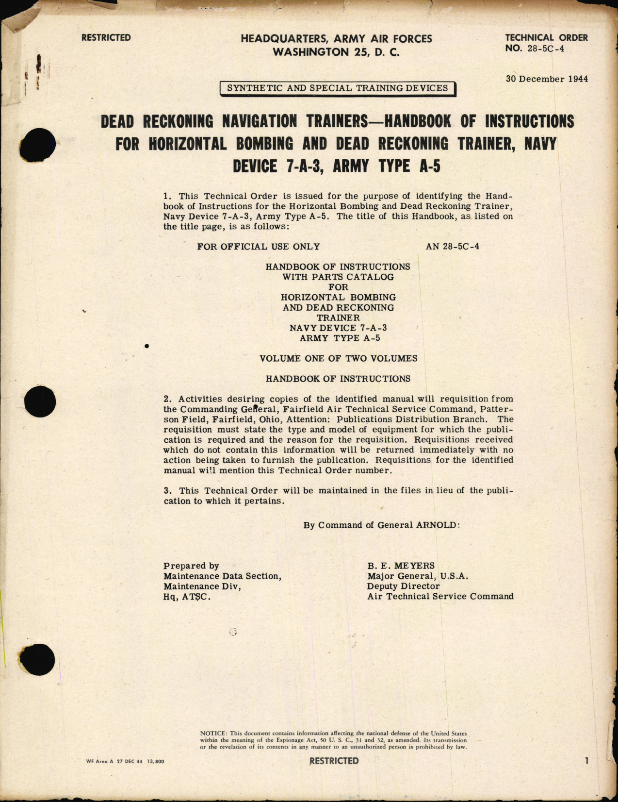 Sample page 1 from AirCorps Library document: Handbook of Instructions for Horizontal Bombing and Dead Reckoning Trainer