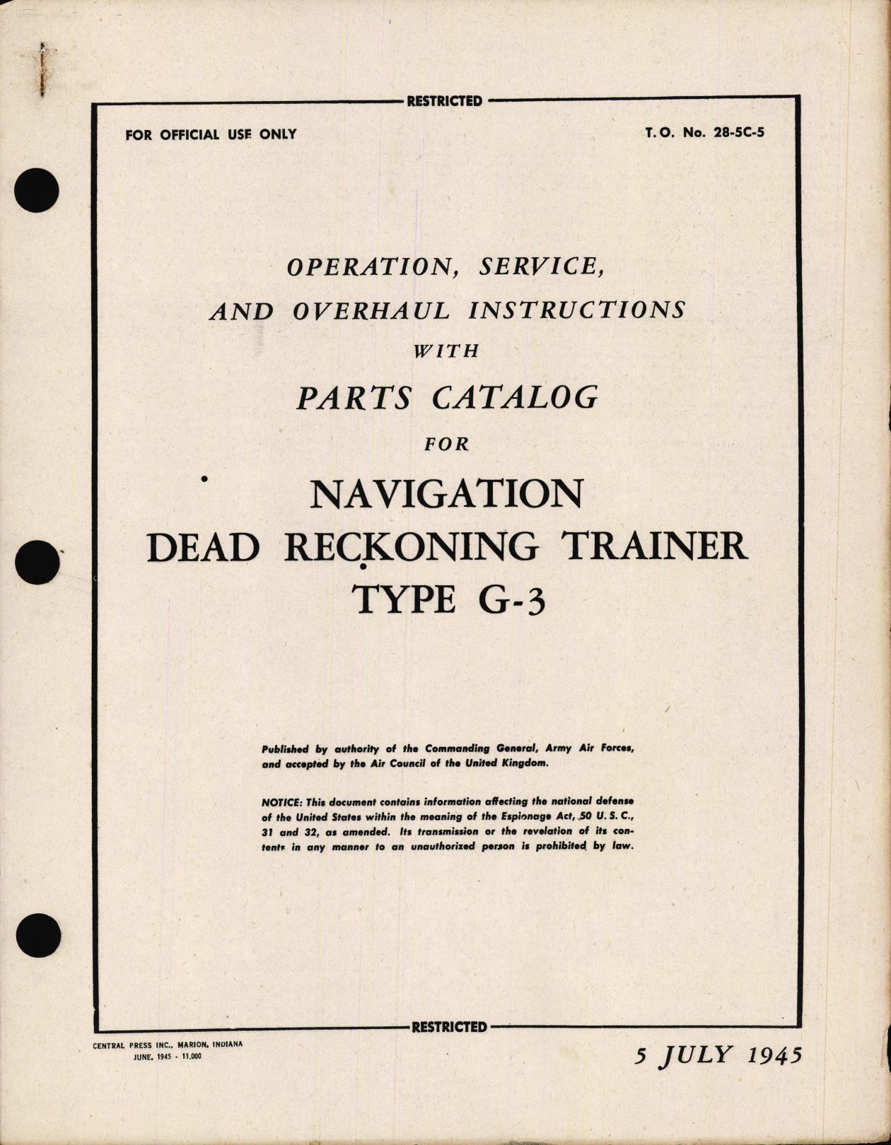 Sample page 1 from AirCorps Library document: Operation, Service and Overhaul Instructions with Parts Catalog for Navigation dead Reckoning Trainer Type G-3