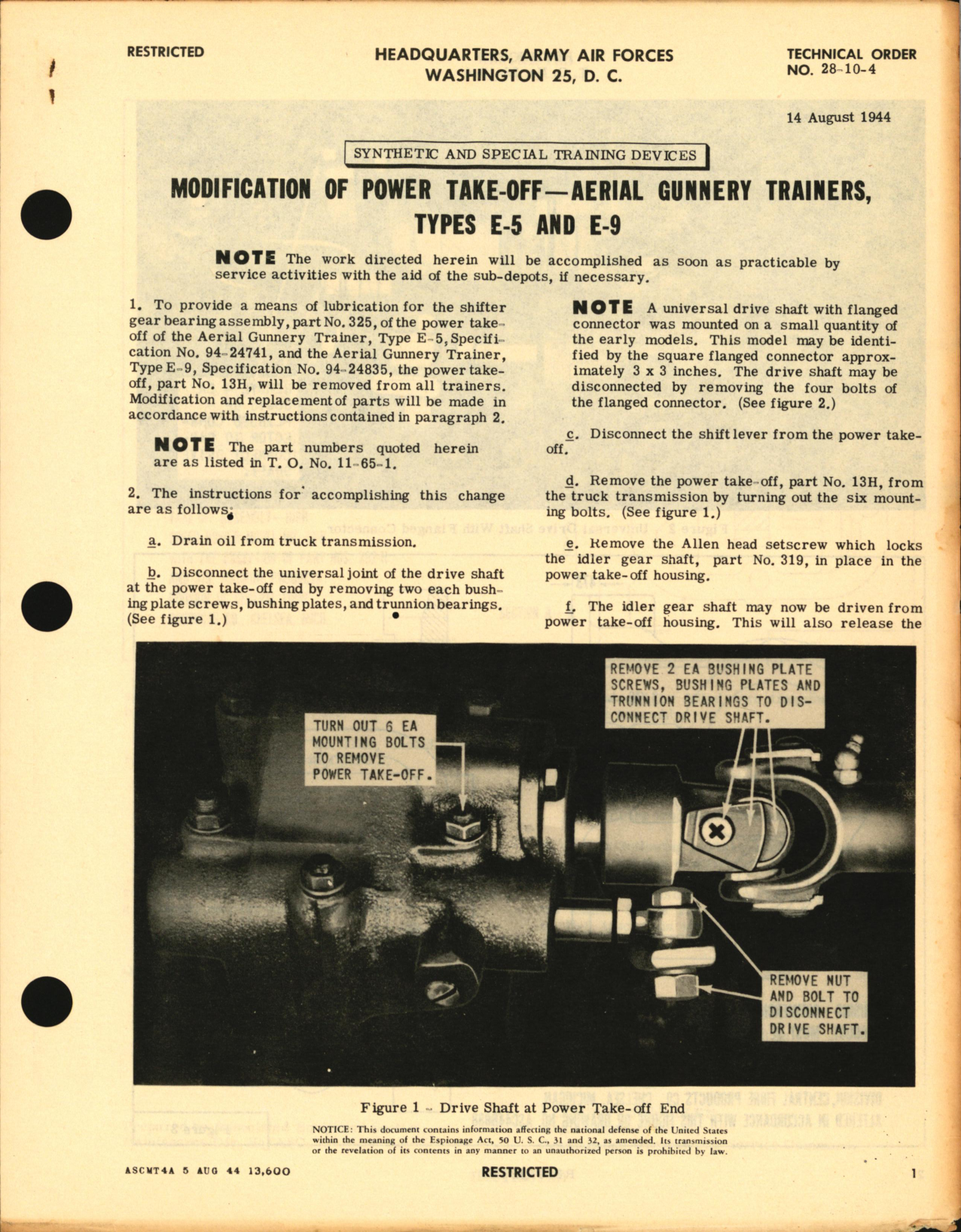Sample page 1 from AirCorps Library document: Synthetic and Special Training Devices; Modification of Power Take-Off and Aerial Gunnery Trainers