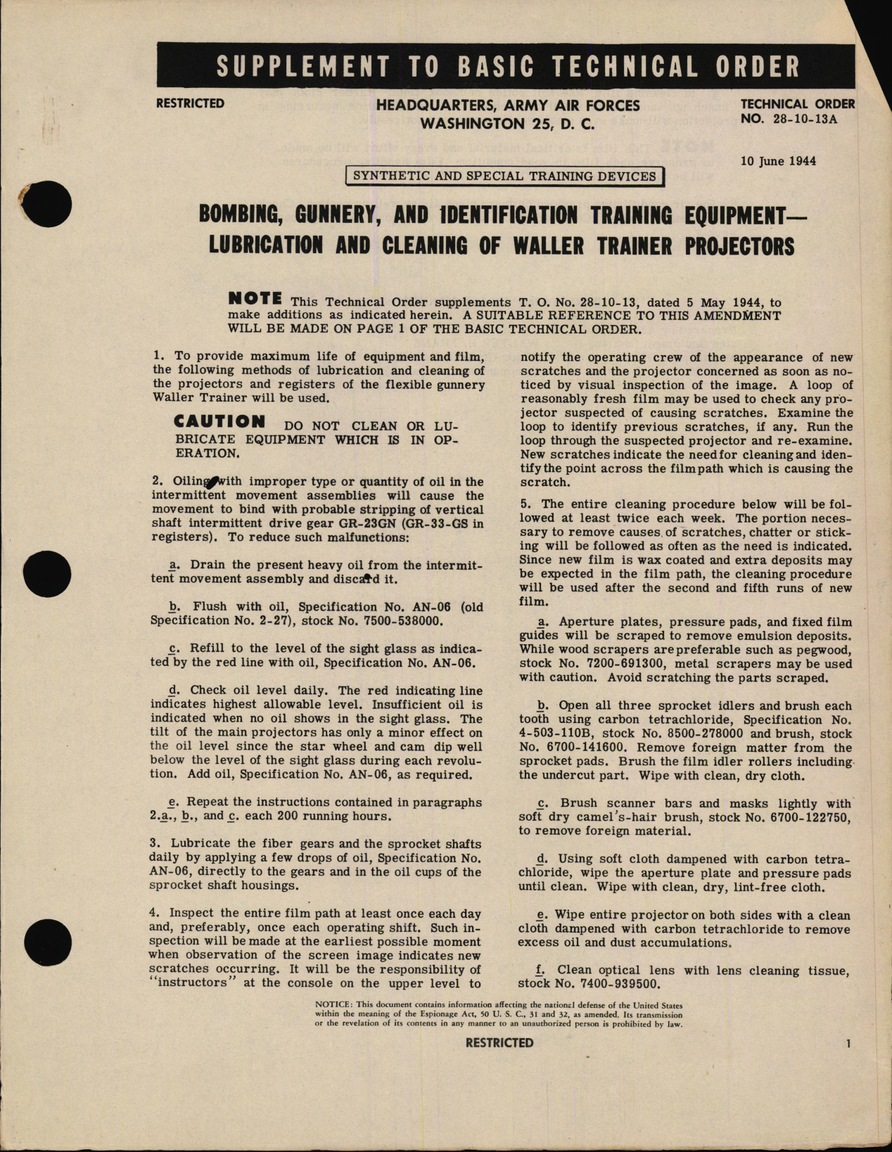 Sample page 1 from AirCorps Library document: Lubrication and Cleaning of Waller Trainer Projectors