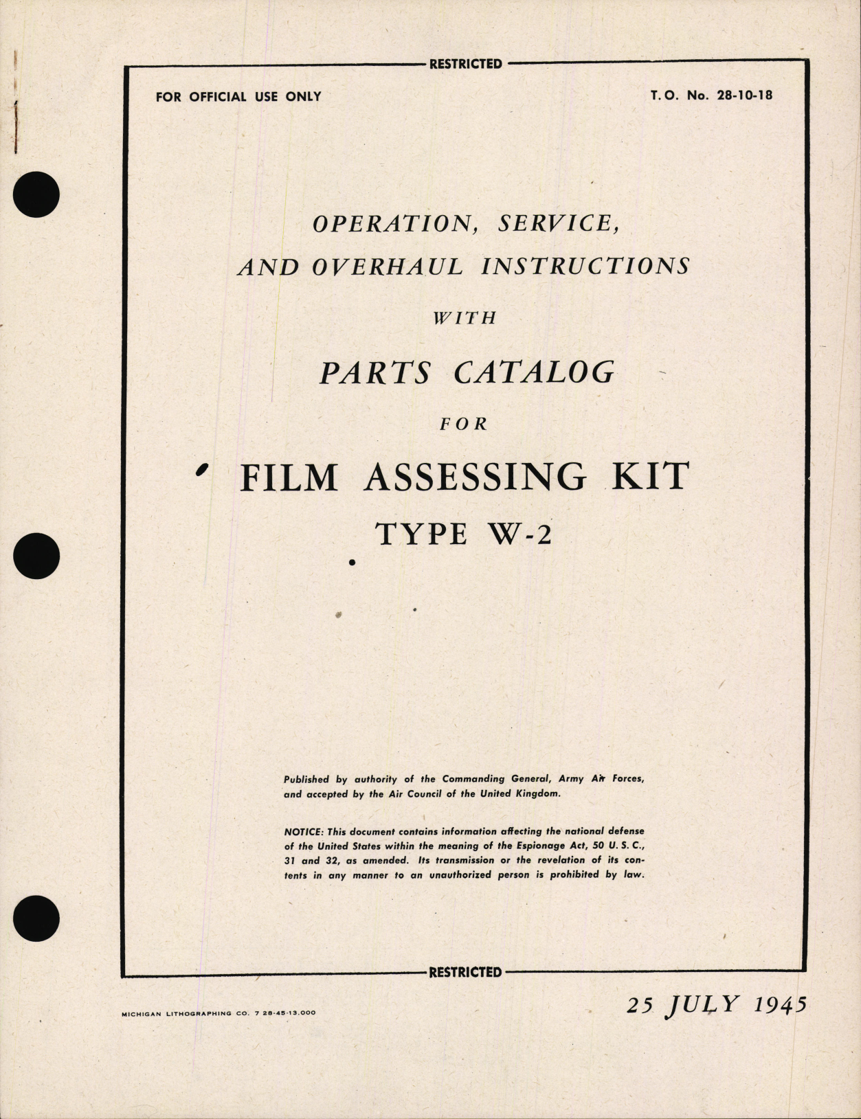 Sample page 1 from AirCorps Library document: Operation, Service and Overhaul Instructions with Parts Catalog for Film Assessing Kit Type W-2