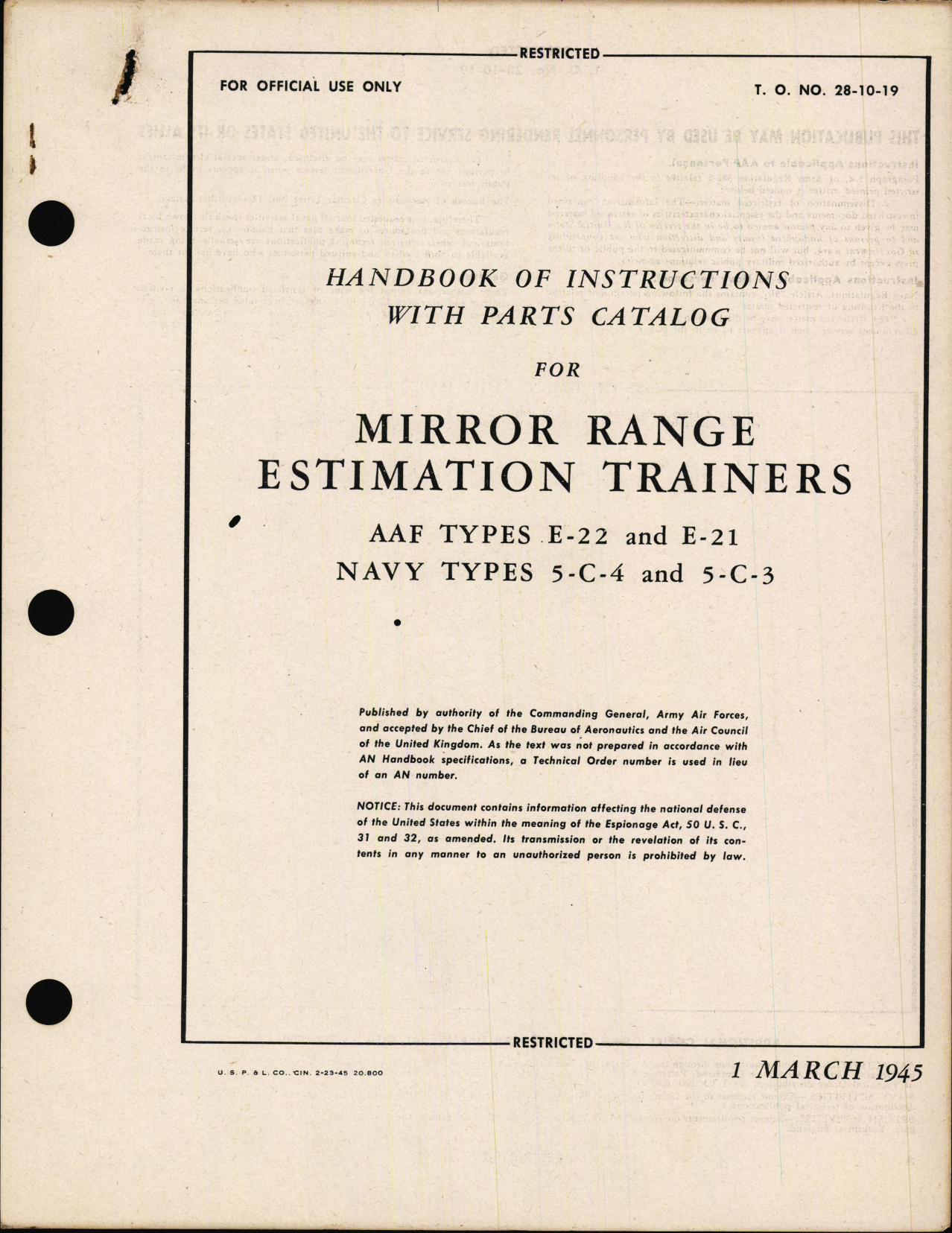 Sample page 1 from AirCorps Library document: Handbook of Instructions with Parts Catalog for Mirror Range Estimation Trainers