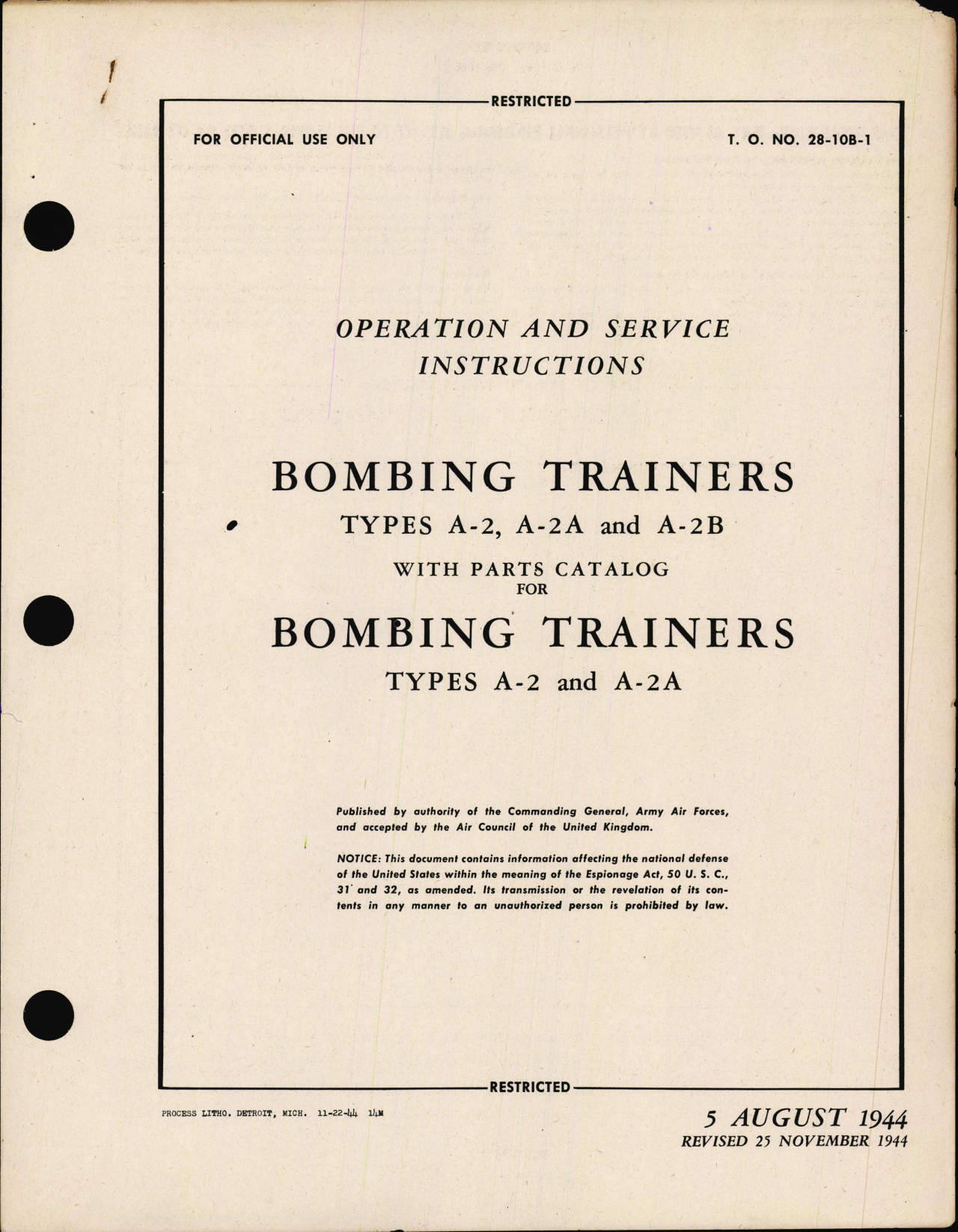 Sample page 1 from AirCorps Library document: Operation and Service Instructions with Parts Catalog for Bombing Trainers 