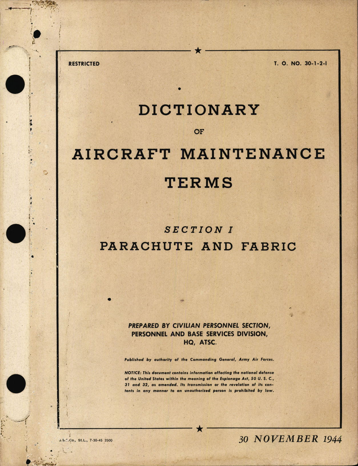 Sample page 1 from AirCorps Library document: Dictionary of Aircraft Maintenance Terms; Section I Parachute and Fabric