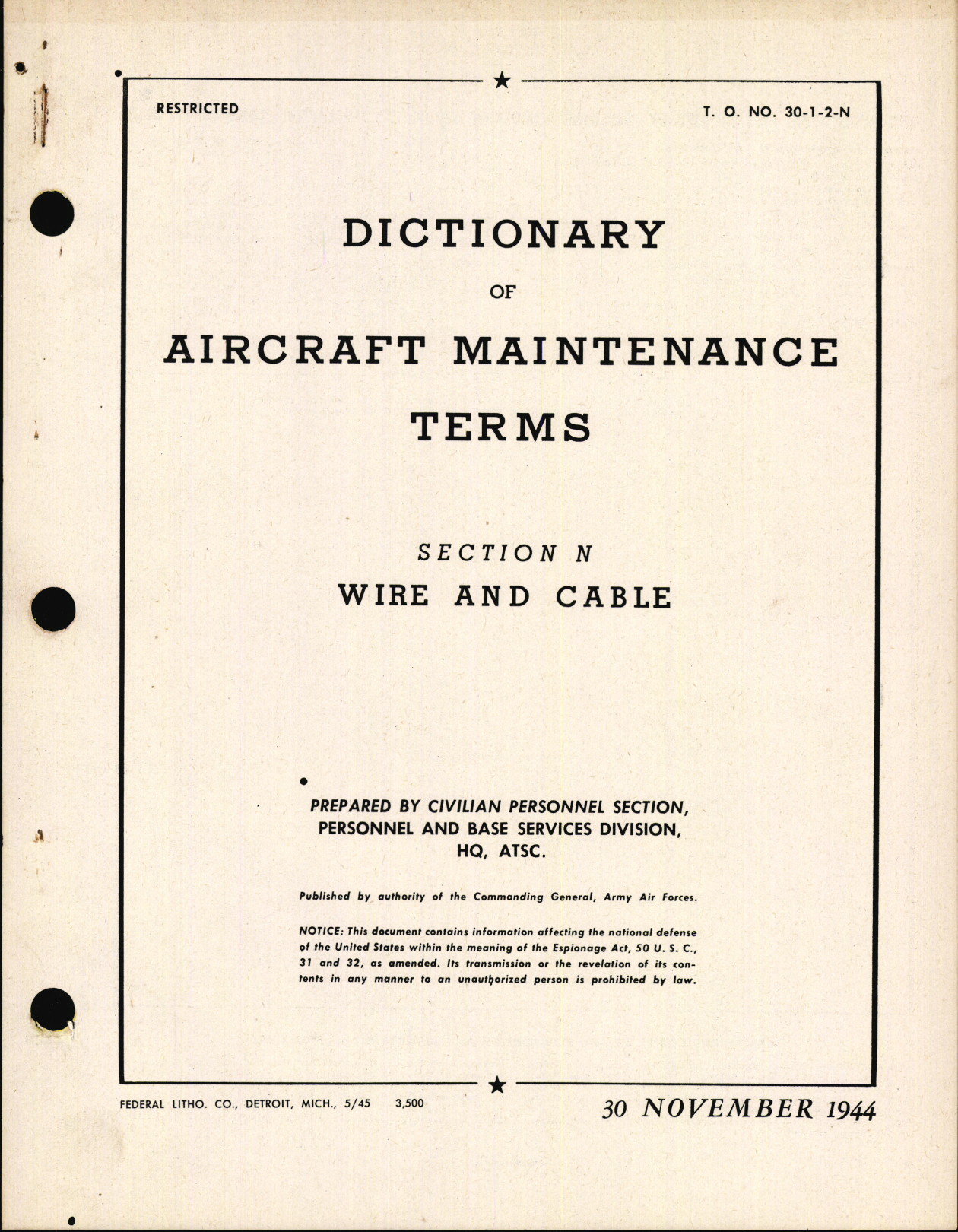 Sample page 1 from AirCorps Library document: Dictionary of Aircraft Maintenance Terms; Section N for Wire and Cable