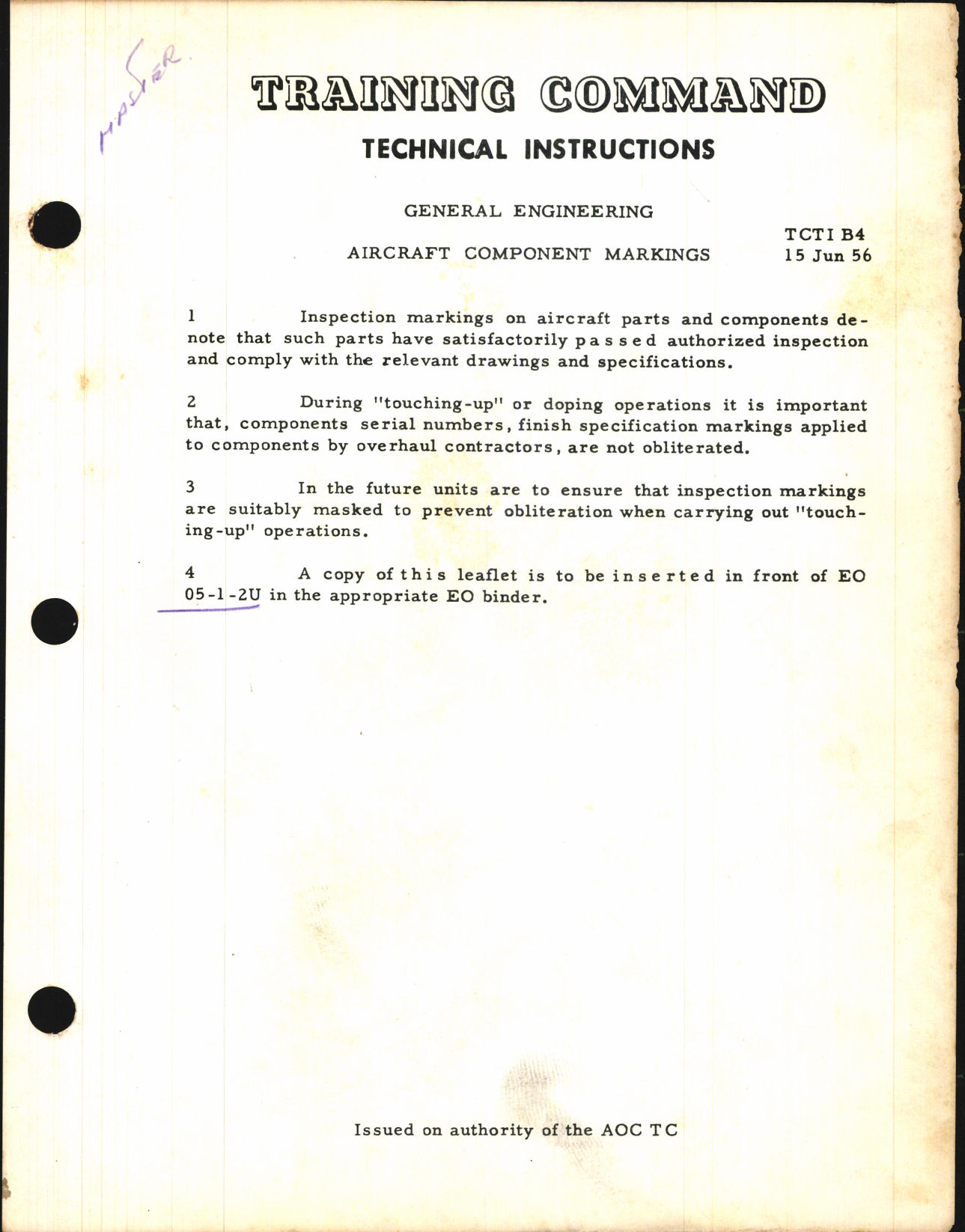 Sample page 1 from AirCorps Library document: Training Command Technical Instructions for Aircraft Component Markings