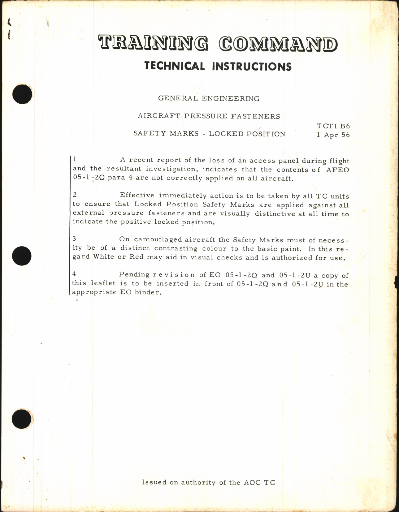 Sample page 1 from AirCorps Library document: Training Command Technical Instructions for Aircraft Pressure Fasteners Safety Marks - Locked Position 