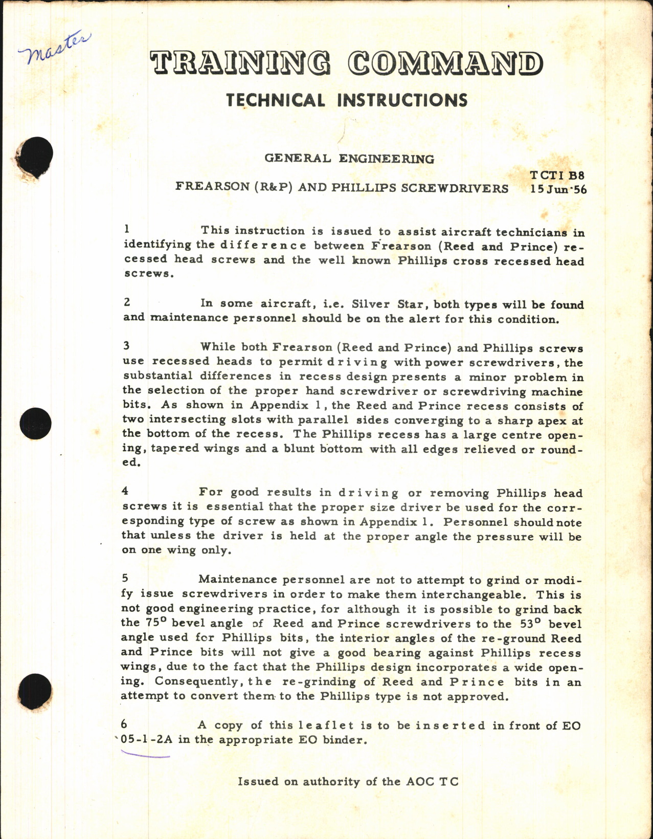 Sample page 1 from AirCorps Library document: Training Command Technical Instructions for Frearson (R&P) and Phillips Screwdrivers