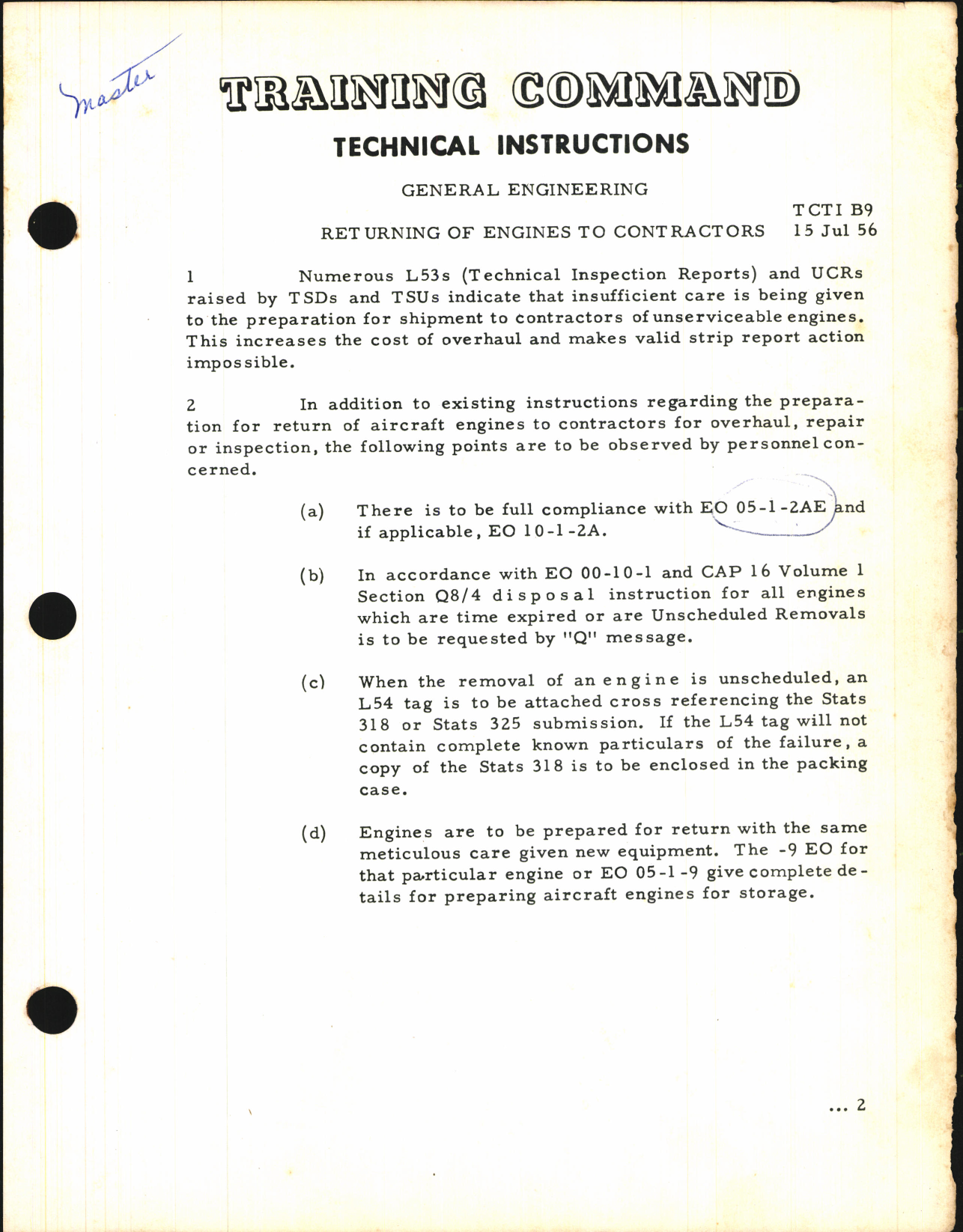 Sample page 1 from AirCorps Library document: Training Command Technical Instructions for Returning of Engines to Contractors