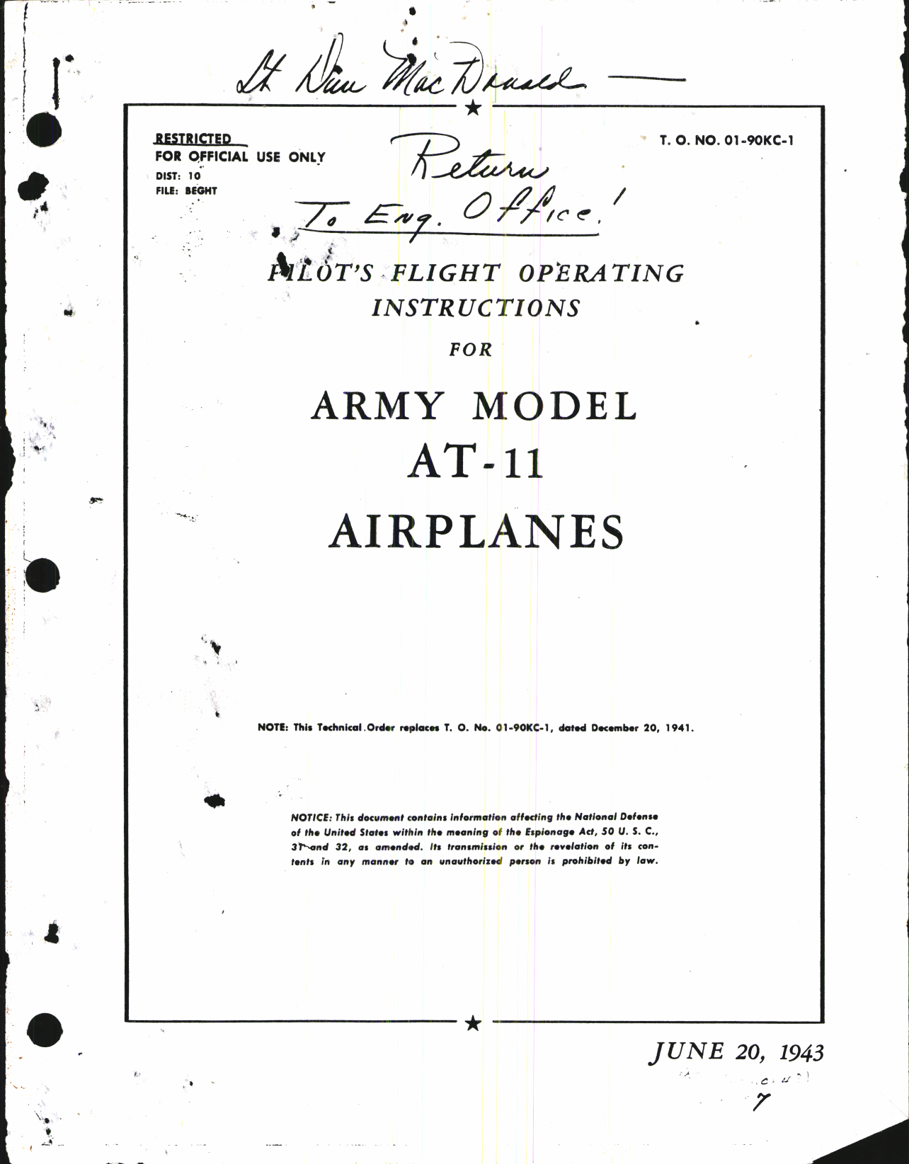 Sample page 1 from AirCorps Library document: Pilot's Flight Operating Instructions for Army Model AT-11 Airplanes