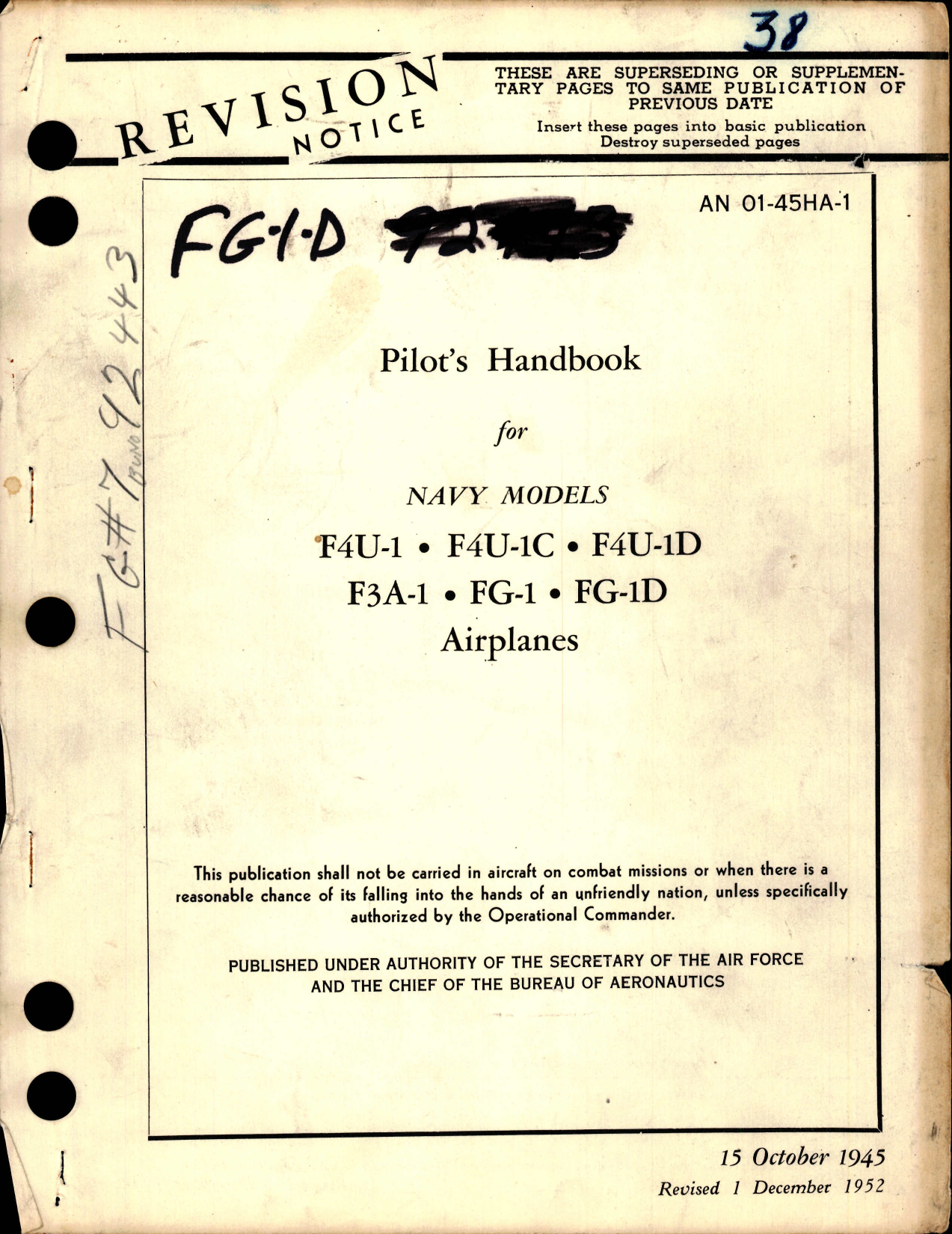Sample page 1 from AirCorps Library document: Pilot's Handbook for F4U-1, F4U-1C, F4U-1D, F3A-1, FG-1, FG-1D