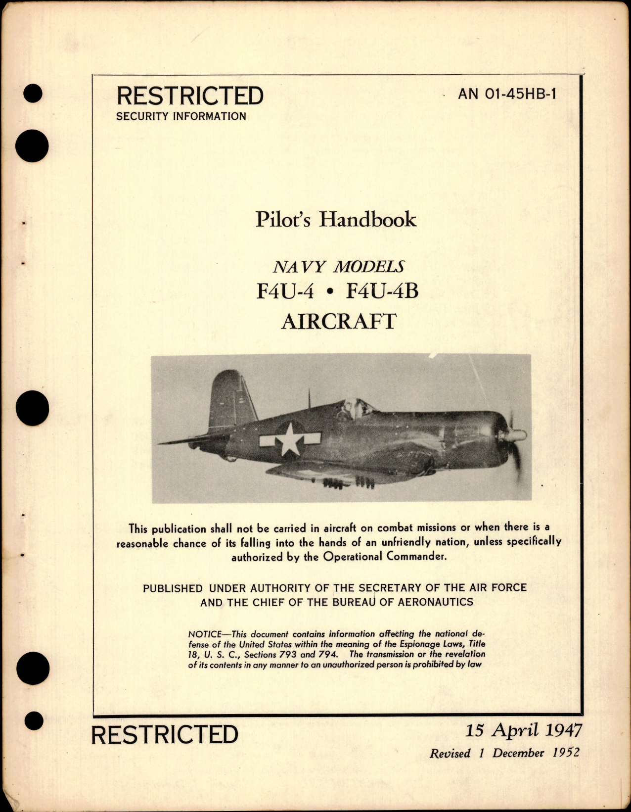Sample page 1 from AirCorps Library document: Pilot's Handbook for F4U-4, F4U-4B
