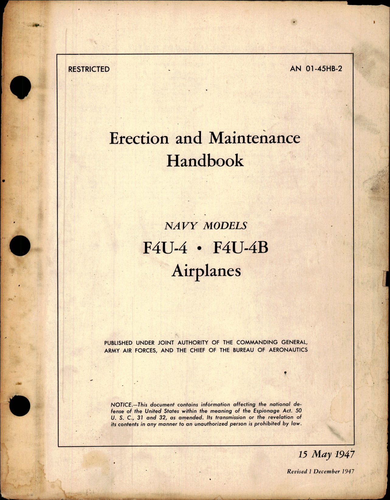 Sample page 1 from AirCorps Library document: Erection and Maintenance Handbook for F4U-4, F4U-4B