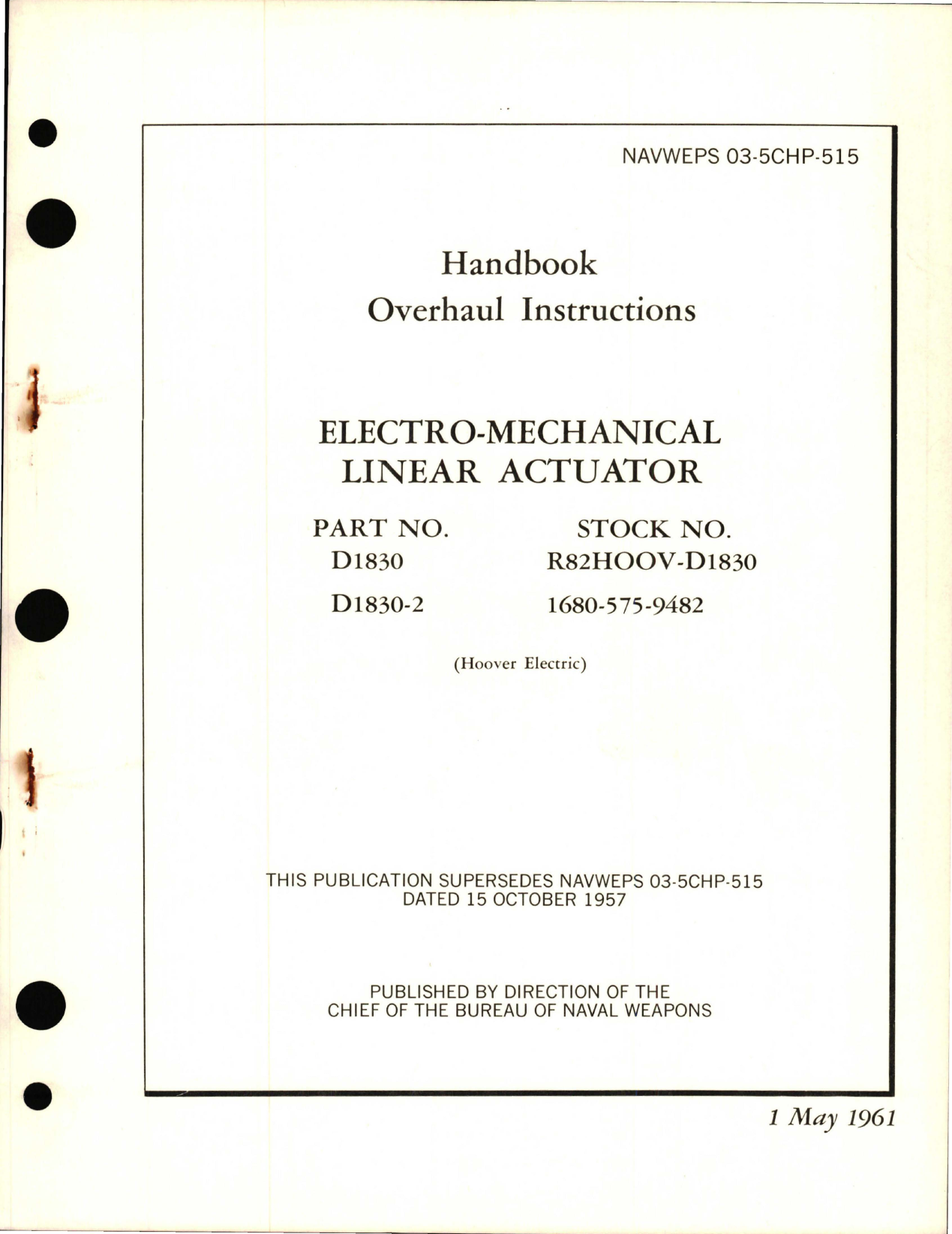 Sample page 1 from AirCorps Library document: Overhaul Instructions for Electro-Mechanical Linear Actuator Parts D1830 and D1830-2