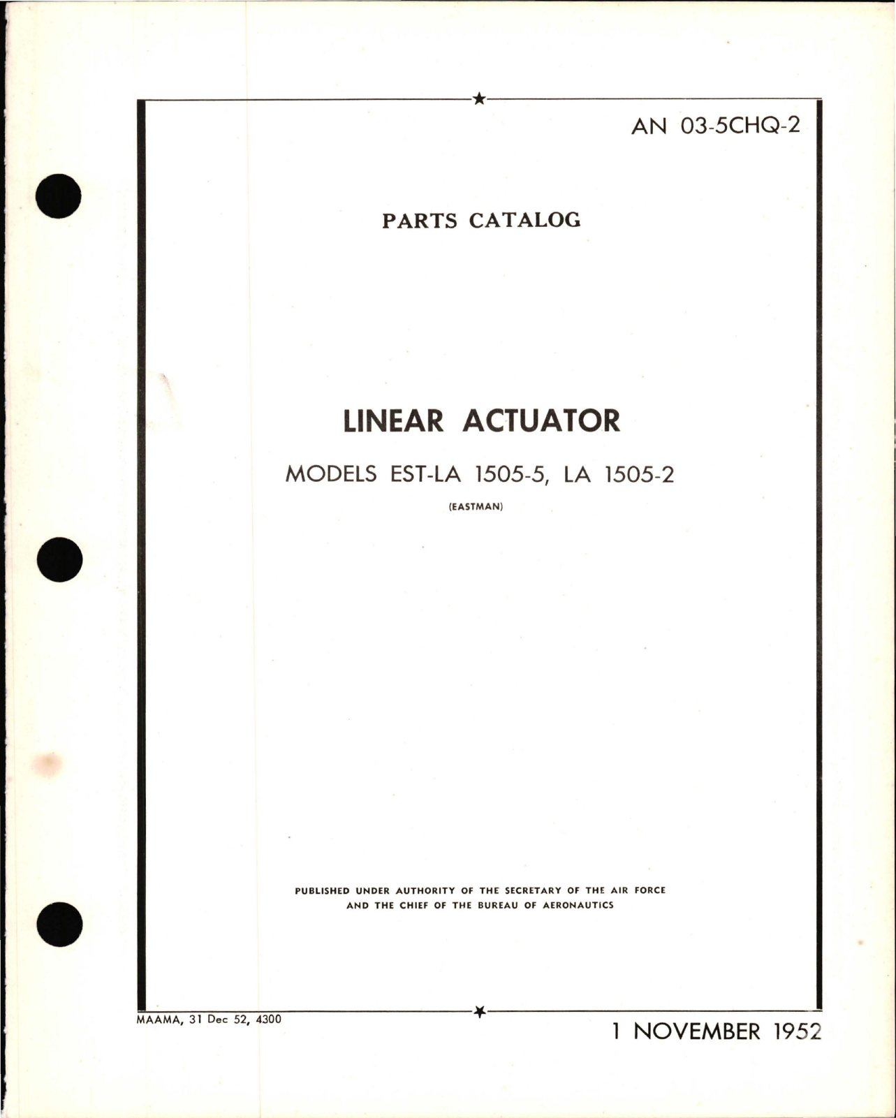 Sample page 1 from AirCorps Library document: Parts Catalog for Linear Actuator Models LA 1505-5 and LA 1505-2