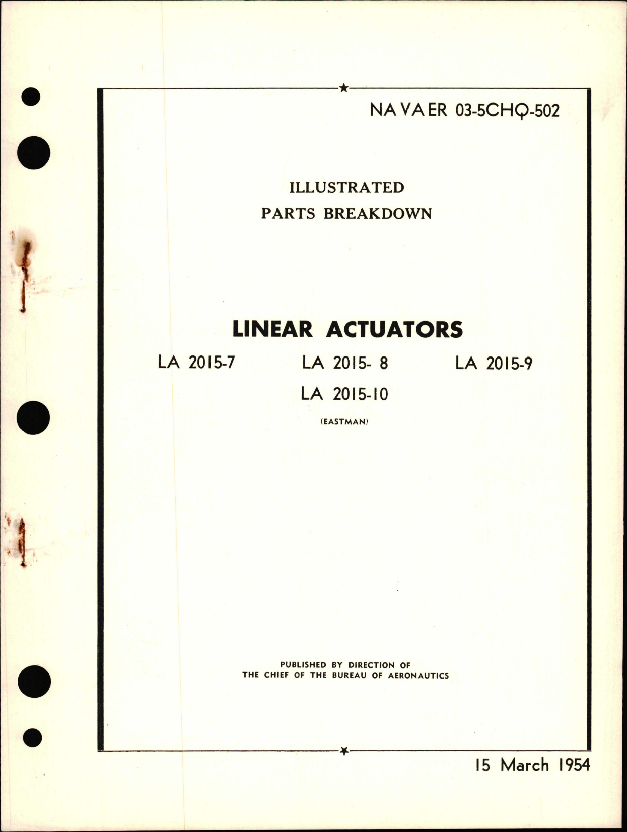 Sample page 1 from AirCorps Library document: Illustrated Parts Breakdown for Linear Actuators LA 2015-7, LA 2015-8, LA 2015-9, and LA 2015-10