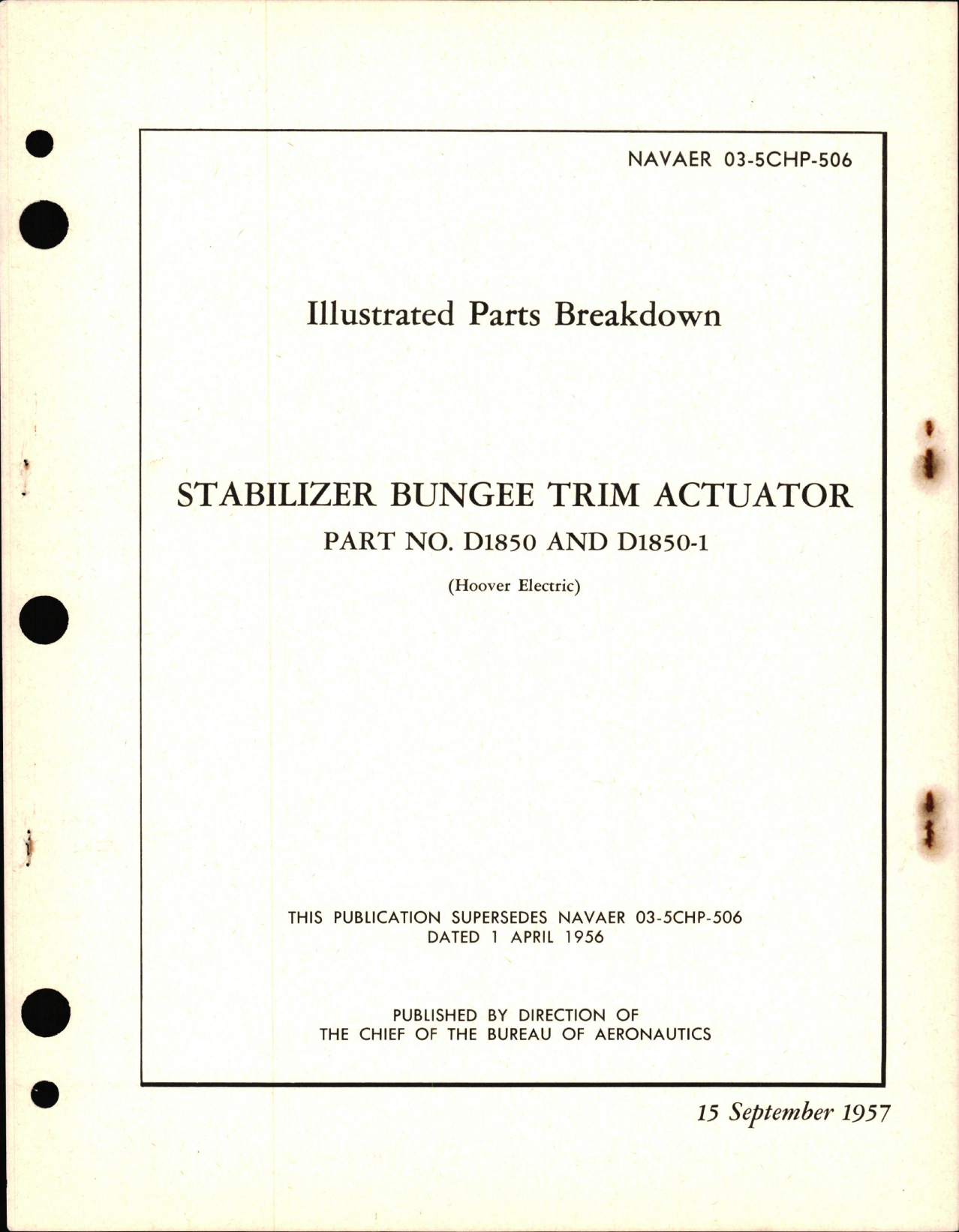 Sample page 1 from AirCorps Library document: Illustrated Parts Breakdown for Stabilizer Bungee Trim Actuator Part D1850 and D1850-1