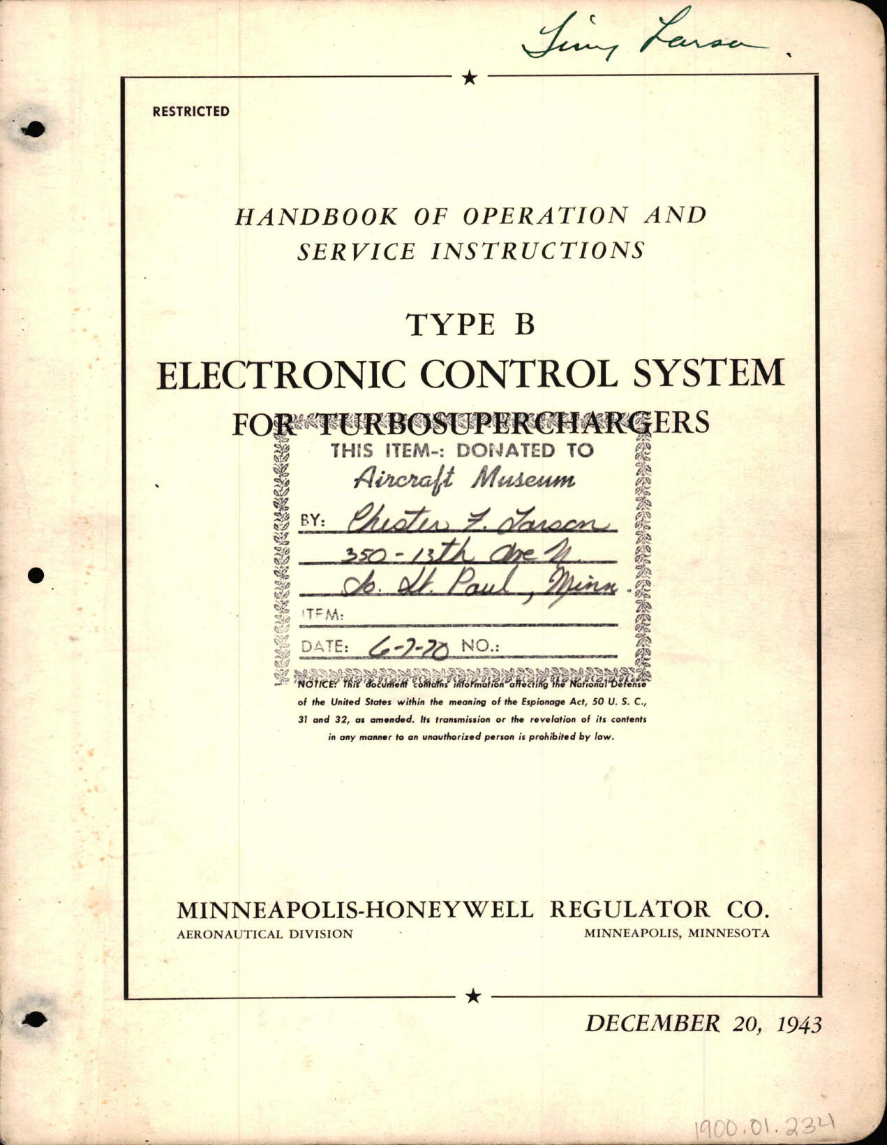 Sample page 1 from AirCorps Library document: Operation and Service Instructions for Electronic Control System Turbosuperchargers Type B