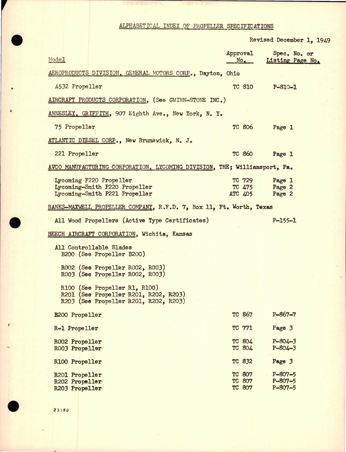 Sample page 5 from AirCorps Library document: Propeller Listing from the Office of Aviation Safety
