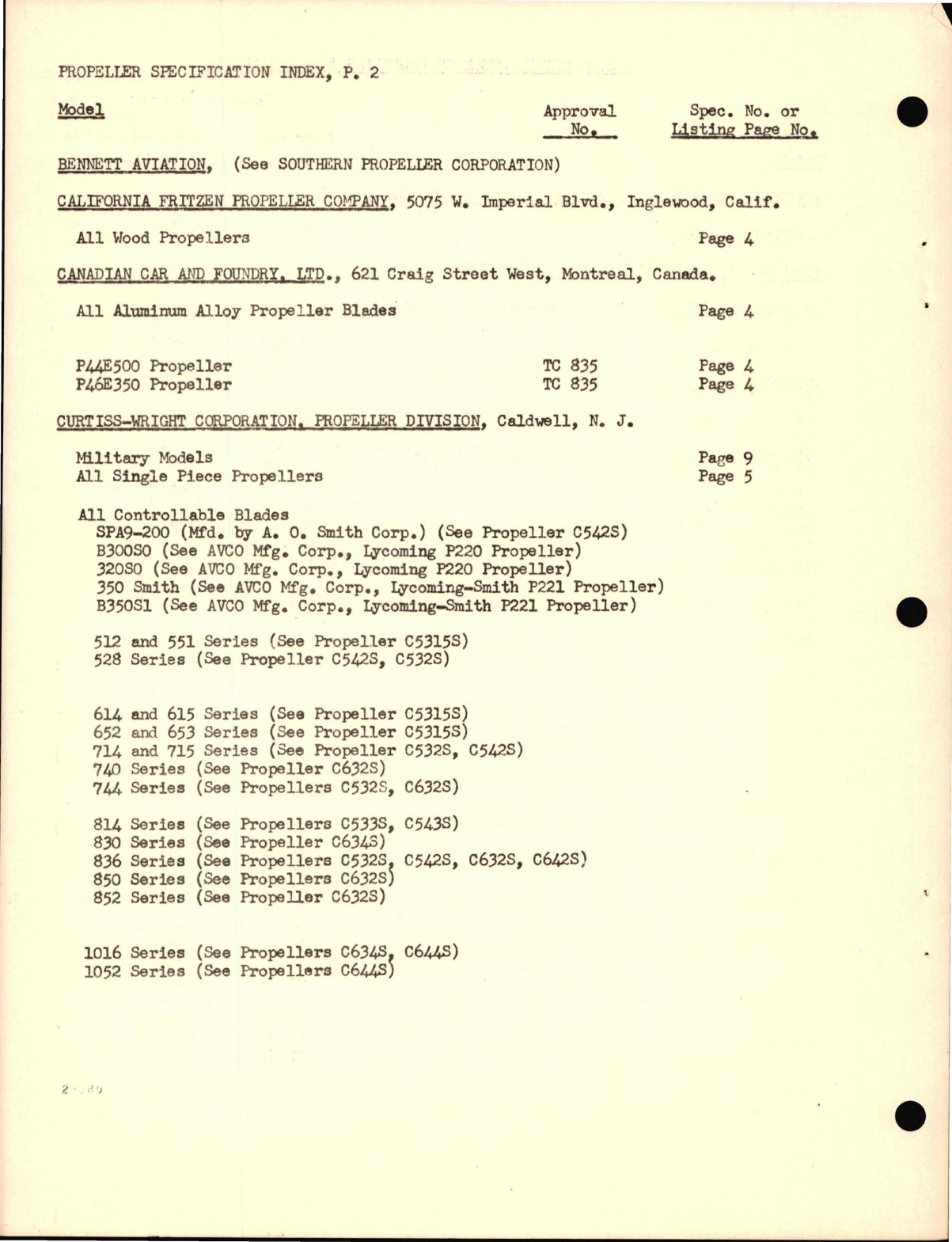Sample page 6 from AirCorps Library document: Propeller Listing from the Office of Aviation Safety