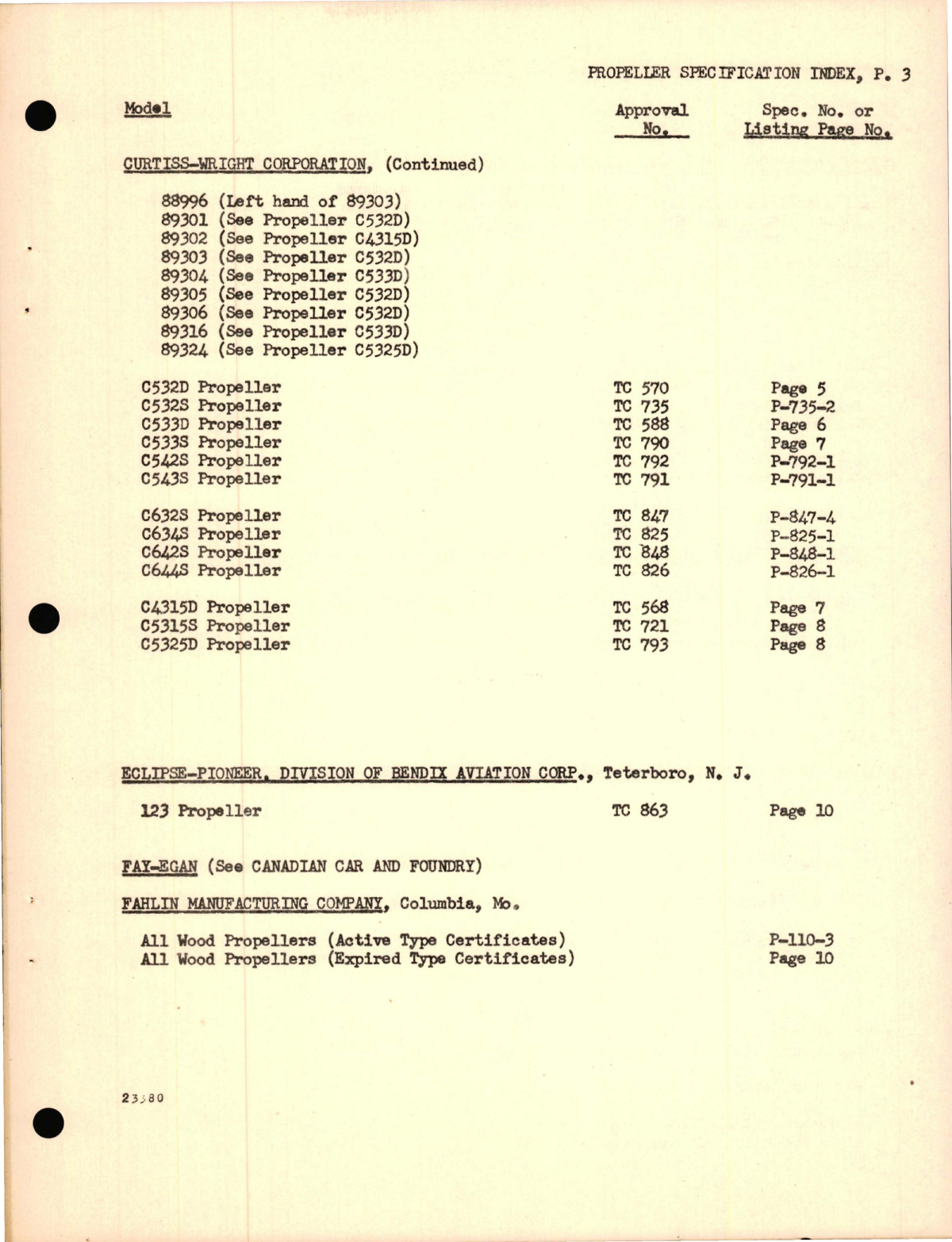 Sample page 7 from AirCorps Library document: Propeller Listing from the Office of Aviation Safety