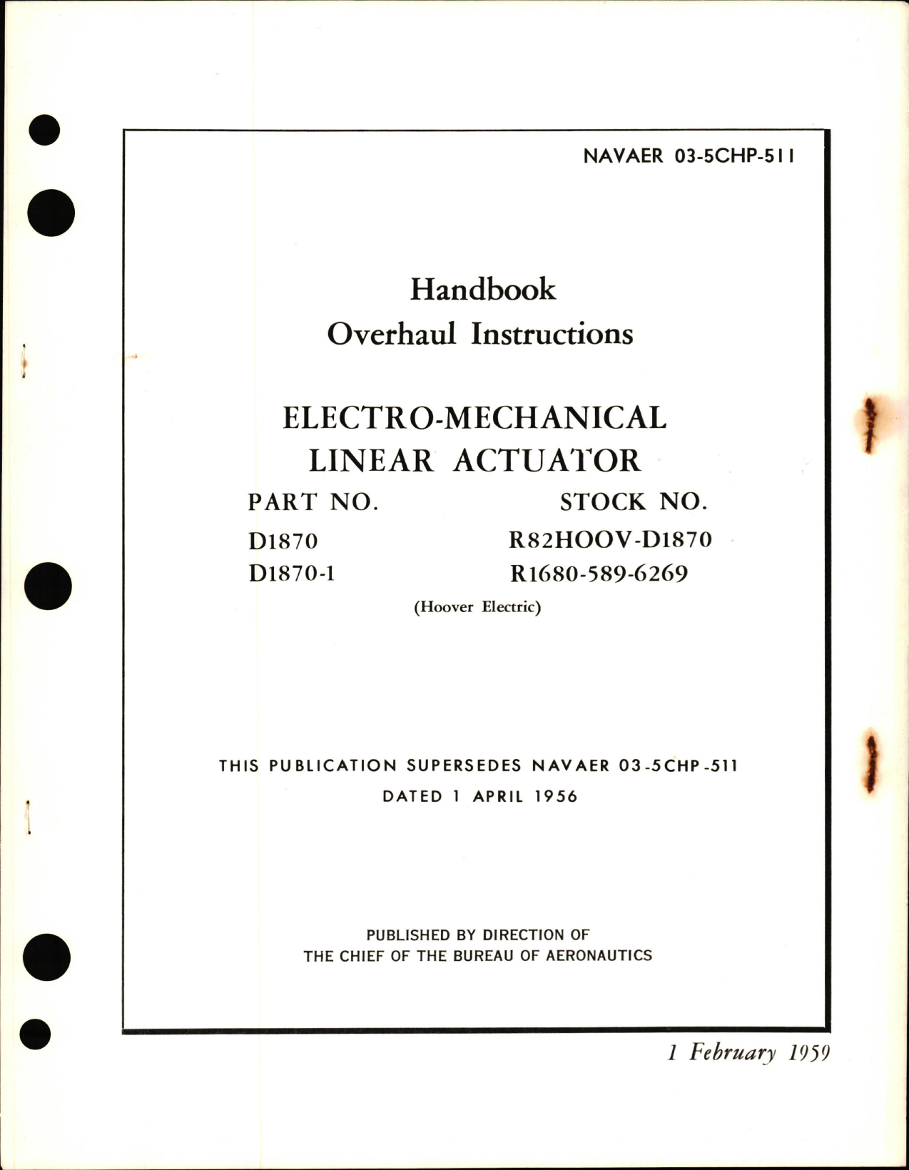 Sample page 1 from AirCorps Library document: Overhaul Instructions for Electro-Mechanical Linear Actuator Parts D1870 and D1870-1