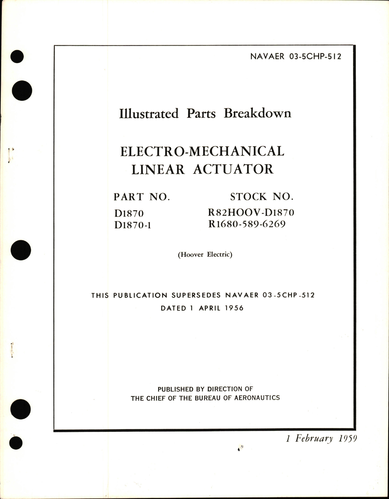 Sample page 1 from AirCorps Library document: Illustrated Parts Breakdown for Electro-Mechanical Linear Actuator Parts D1870 and D1870-1 