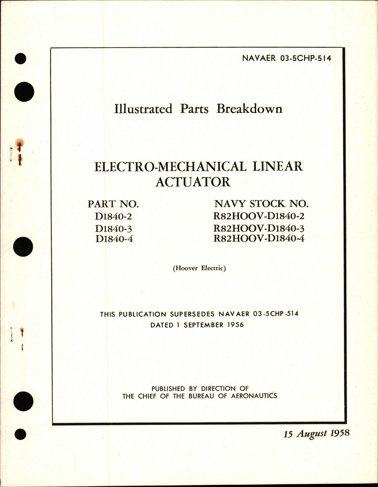 Sample page 1 from AirCorps Library document: Illustrated Parts Breakdown for Electro-Mechanical Linear Actuator Parts D1840-2, D1840-3, and D1840-4 (Hoover) 