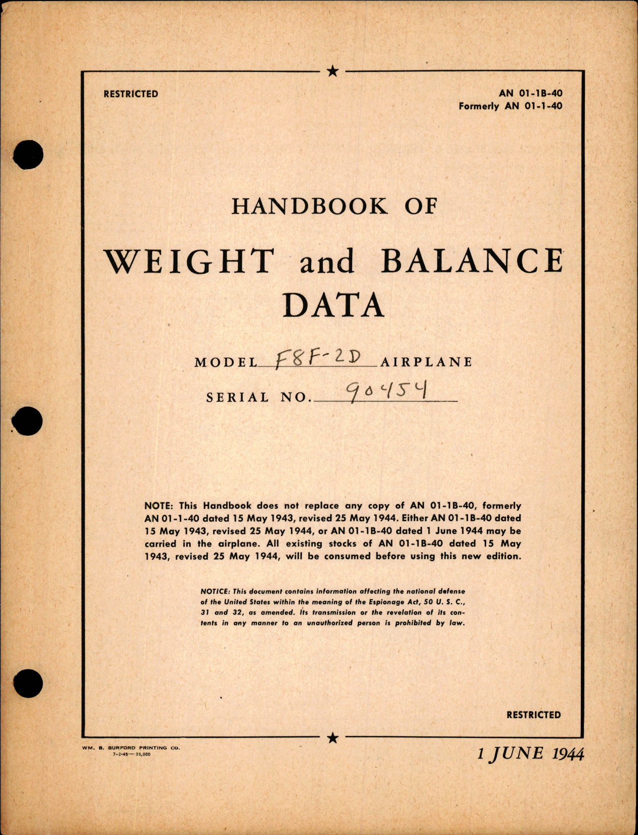 Sample page 1 from AirCorps Library document: Weight and Balance Data for Model F8F-2D