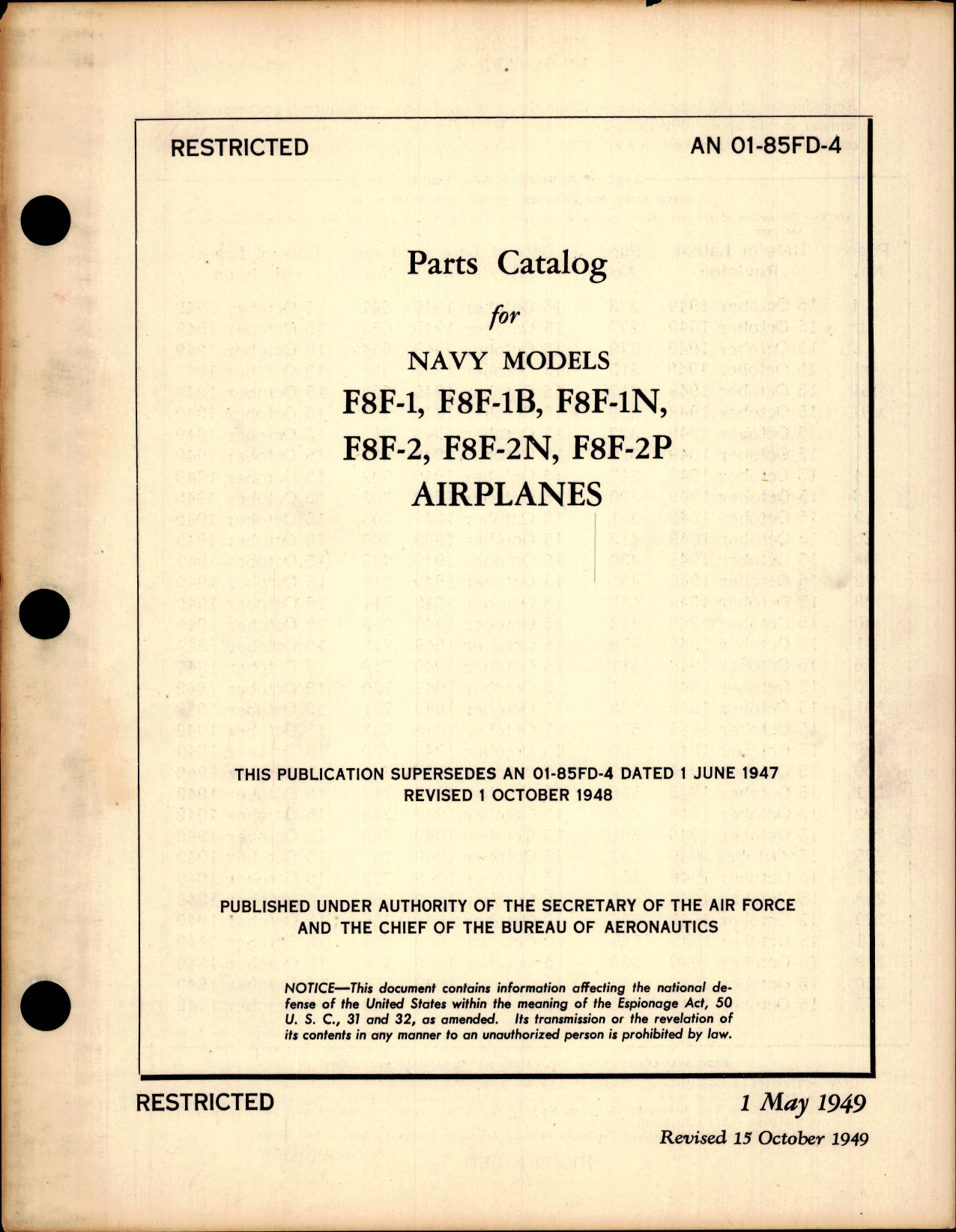 Sample page 1 from AirCorps Library document: Parts Catalog for Navy Models F8F-1, F8F-1B, F8F-1N, F8F-2, F8F-2N, F8F-2P