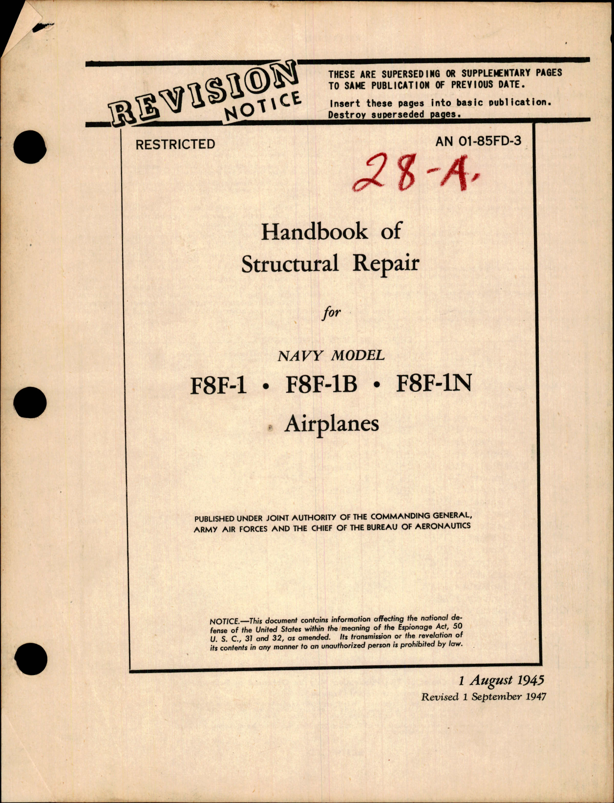 Sample page 1 from AirCorps Library document: Structural Repair for Navy Model F8F-1, F8F-1B, F8F-1N