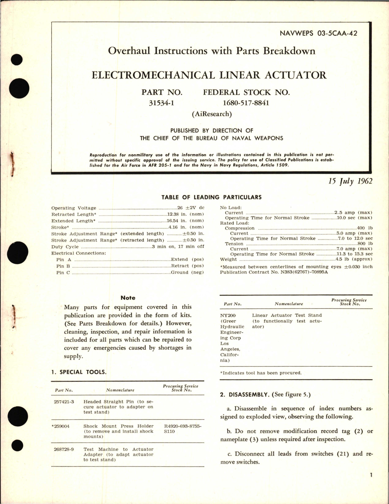 Sample page 1 from AirCorps Library document: Overhaul Instructions with Parts Breakdown for Electromechanical Linear Actuator Part 31534-1