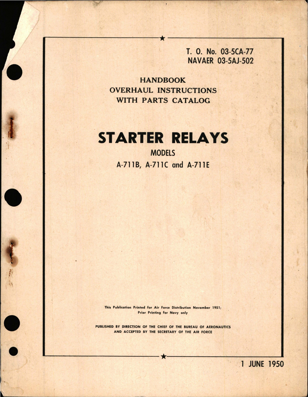 Sample page 1 from AirCorps Library document: Overhaul Instructions with Parts for Starter Relays Models A-711B, A-711C and A-711E 