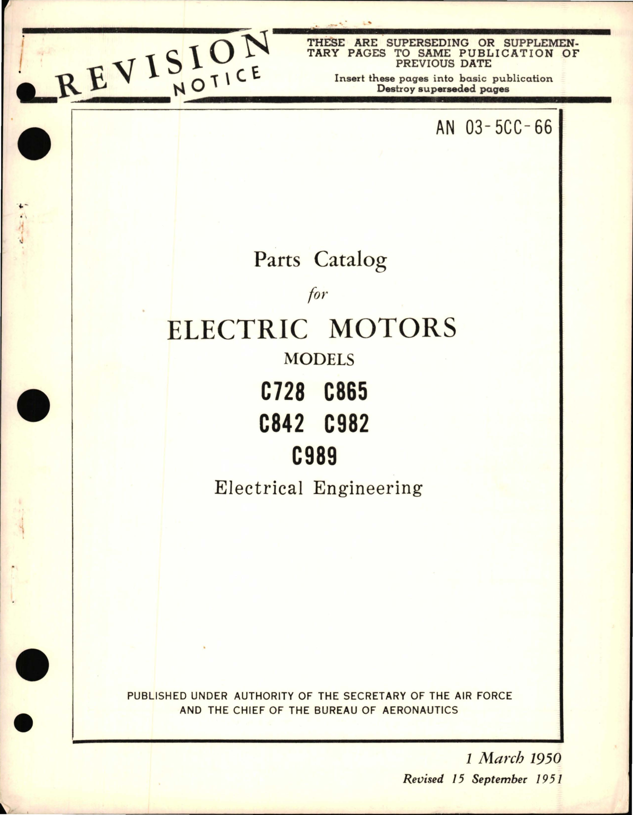 Sample page 1 from AirCorps Library document: Parts Catalog for Electric Motors Models C728, C865, C842, C982 and C989 