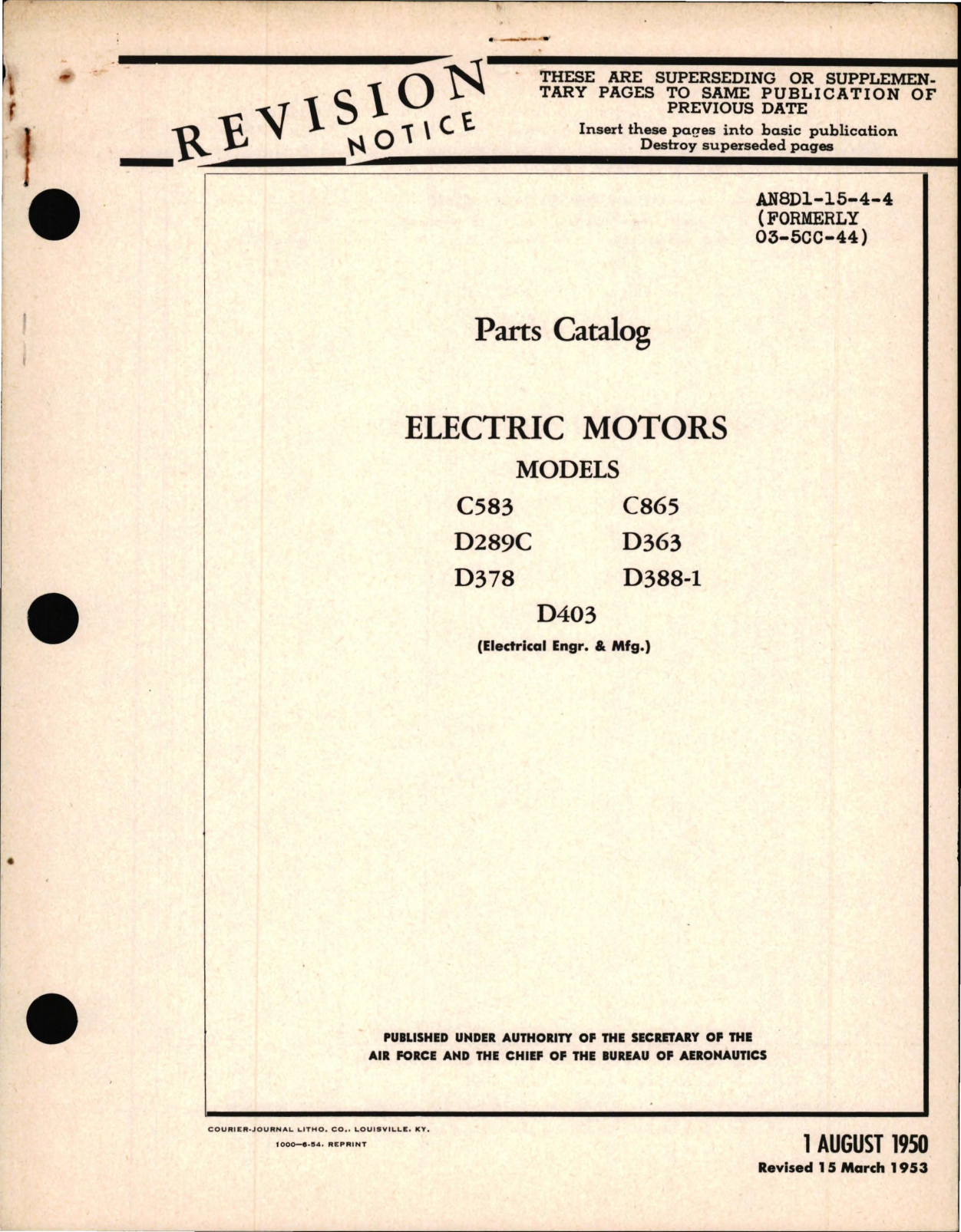 Sample page 1 from AirCorps Library document: Parts Catalog for Electric Motors Models C583, C865, D289C, D363, D378, D388-1 and D403