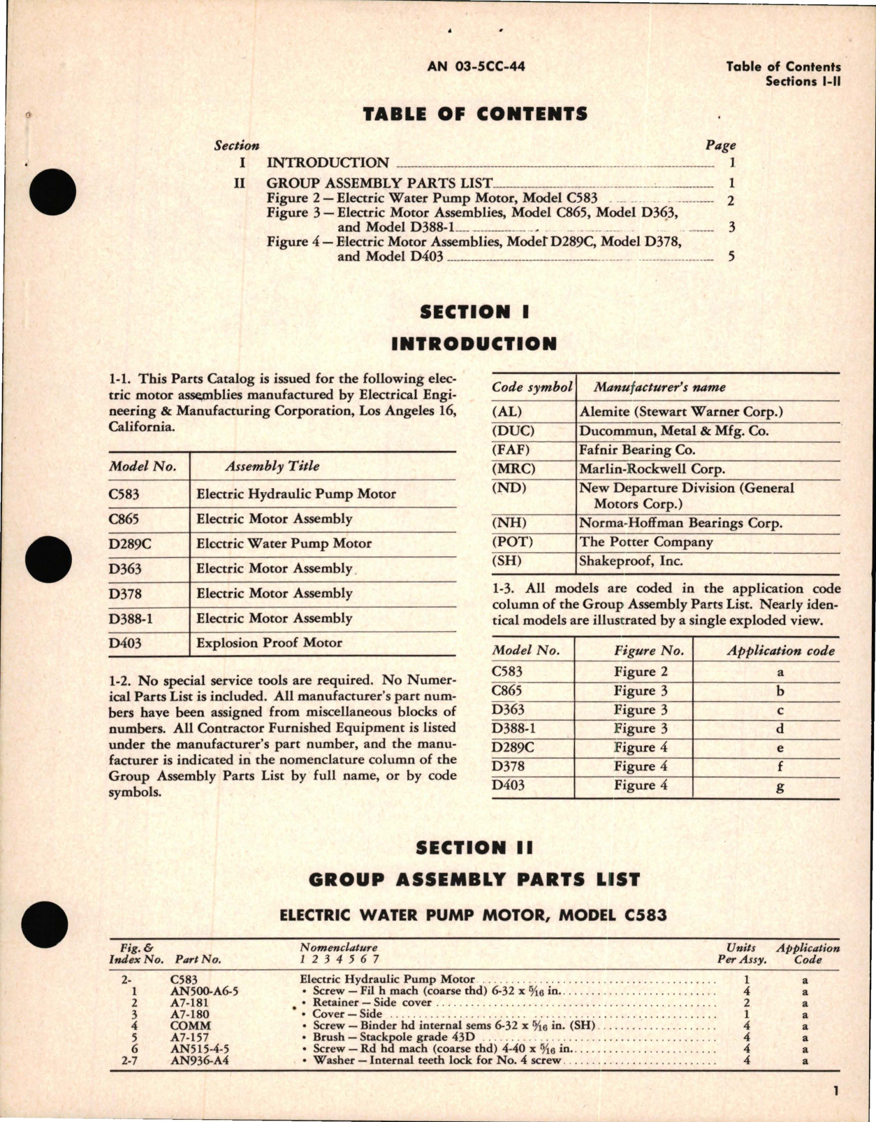 Sample page 5 from AirCorps Library document: Parts Catalog for Electric Motors Models C583, C865, D289C, D363, D378, D388-1 and D403