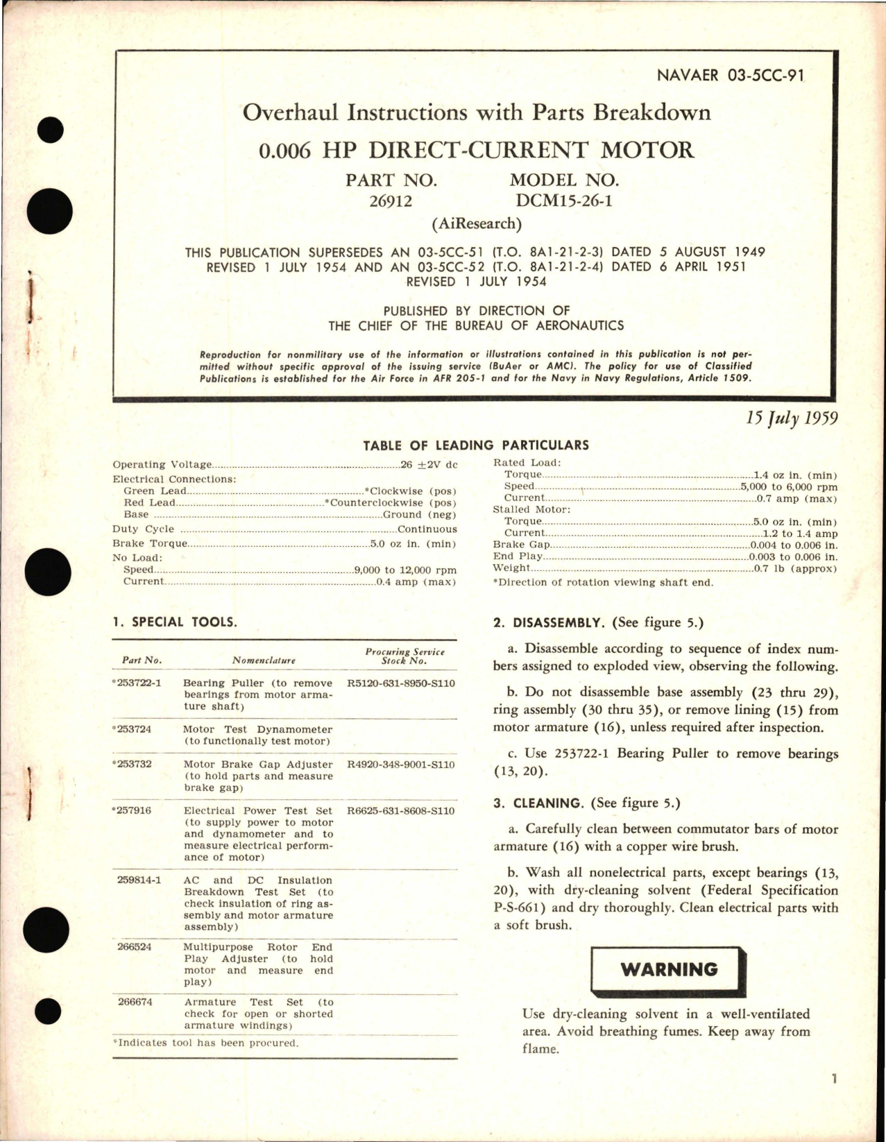 Sample page 1 from AirCorps Library document: Overhaul Instructions with Parts Breakdown for HP Direct Current Motor 0.006 Part 26912